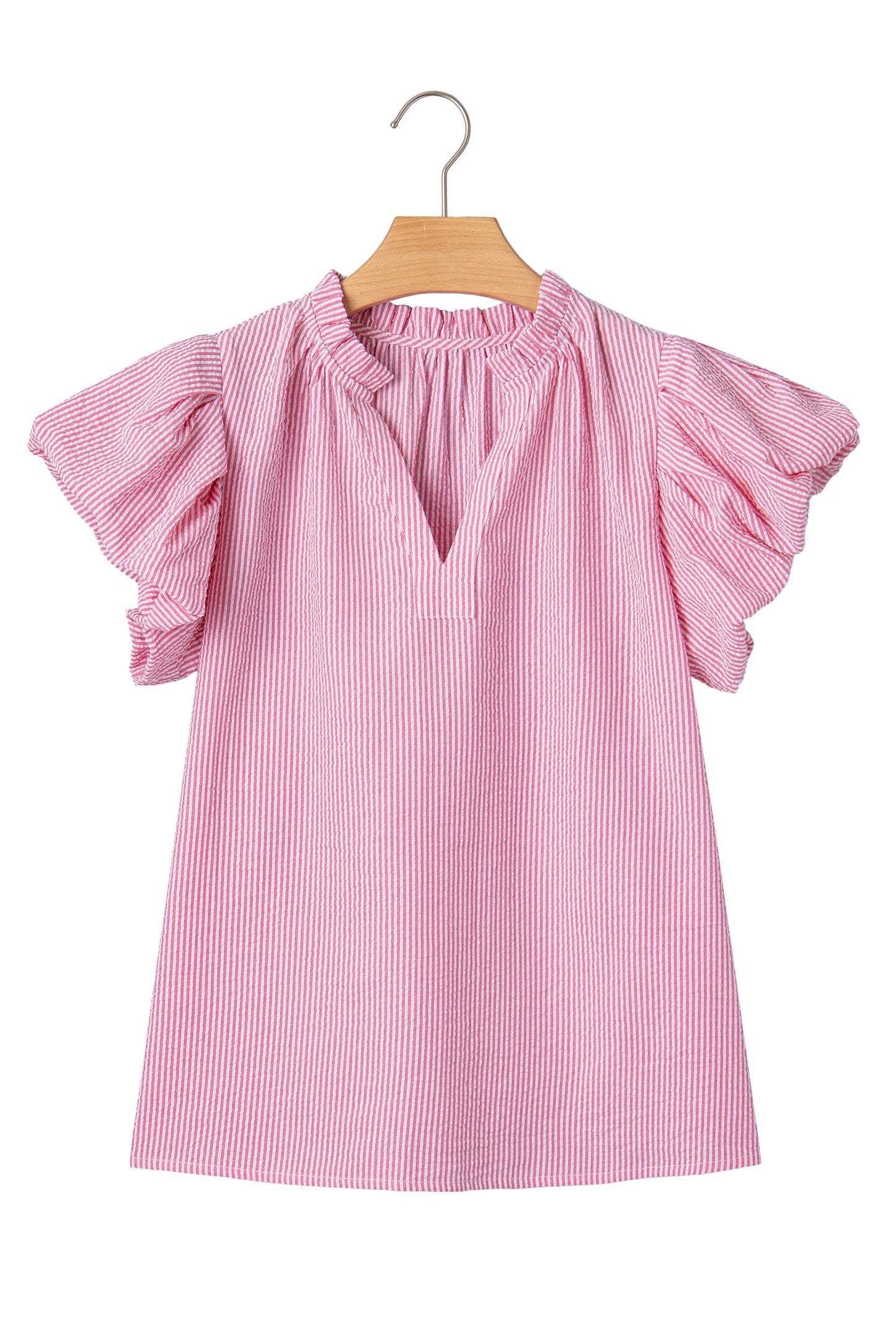 Rose Stripe Short Bubble Sleeve Split V Neck Blouse-Tops/Blouses & Shirts-[Adult]-[Female]-2022 Online Blue Zone Planet