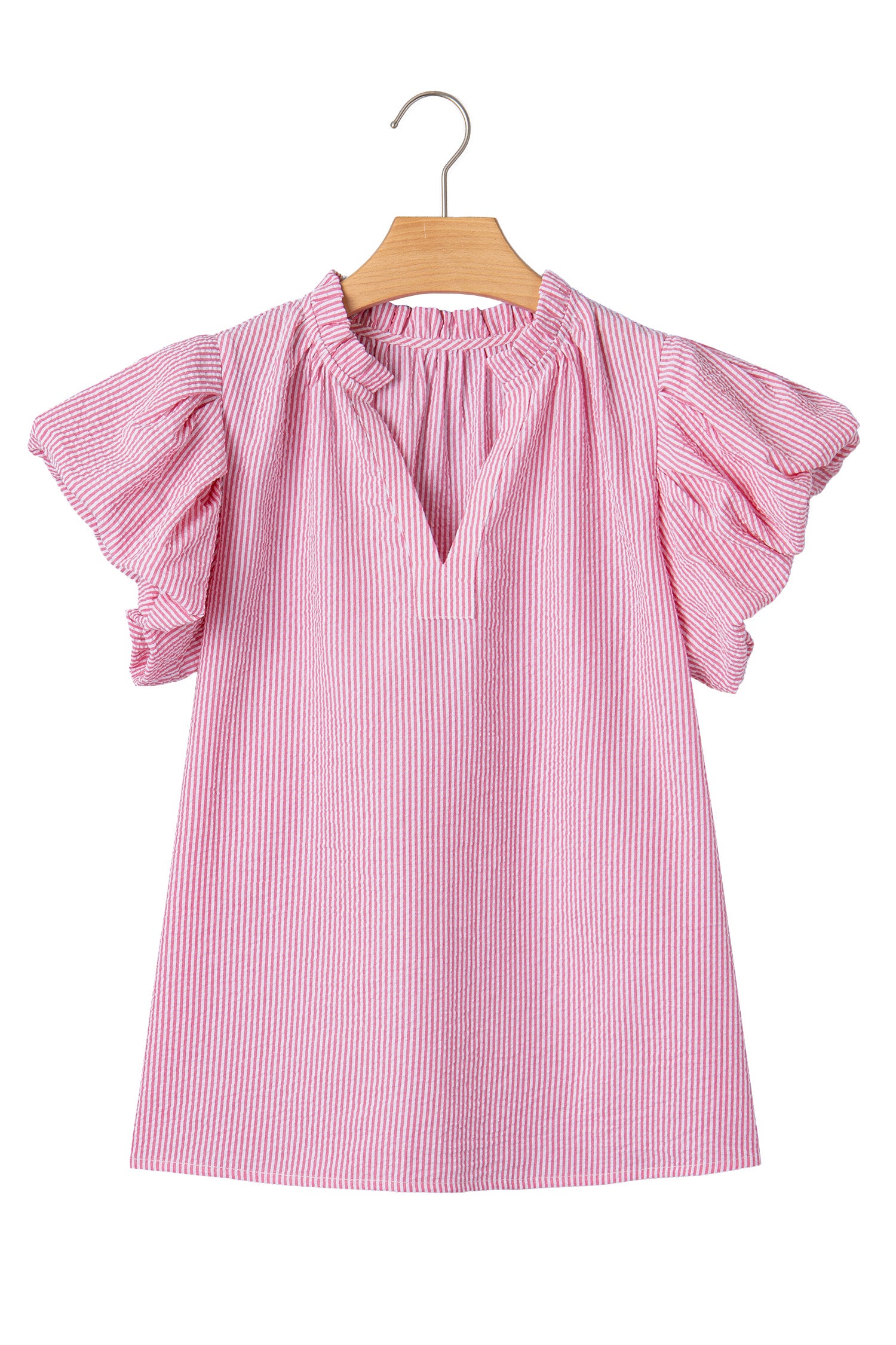 Rose Stripe Short Bubble Sleeve Split V Neck Blouse-Tops/Blouses & Shirts-[Adult]-[Female]-2022 Online Blue Zone Planet
