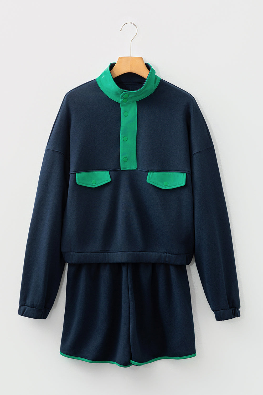 Navy Blue Color Block Patchwork Half Button Pullover and Shorts 2pcs Outfit-Two Piece Sets/Short Sets-[Adult]-[Female]-2022 Online Blue Zone Planet