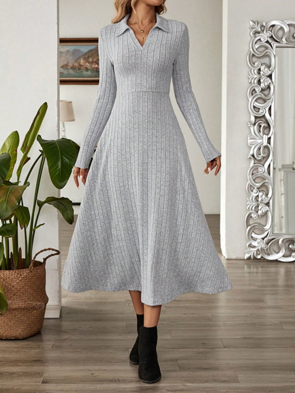 Blue Zone Planet | Ribbed Johnny Collar Long Sleeve Dress-TOPS / DRESSES-[Adult]-[Female]-Gray-S-2022 Online Blue Zone Planet