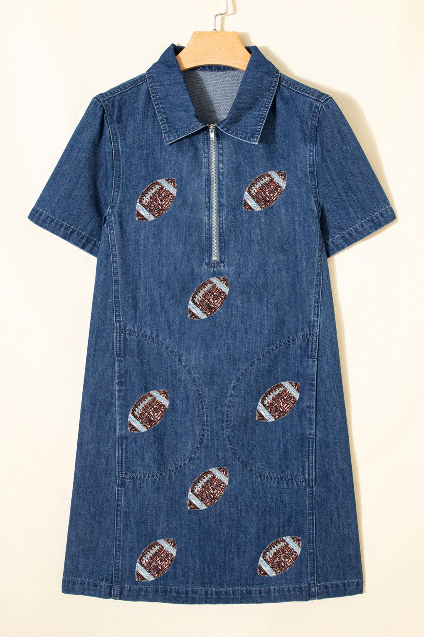 Blue Sequin Football Pattern Zip Collar Pocketed Denim Shift Dress-Graphic/Graphic Dresses-[Adult]-[Female]-2022 Online Blue Zone Planet