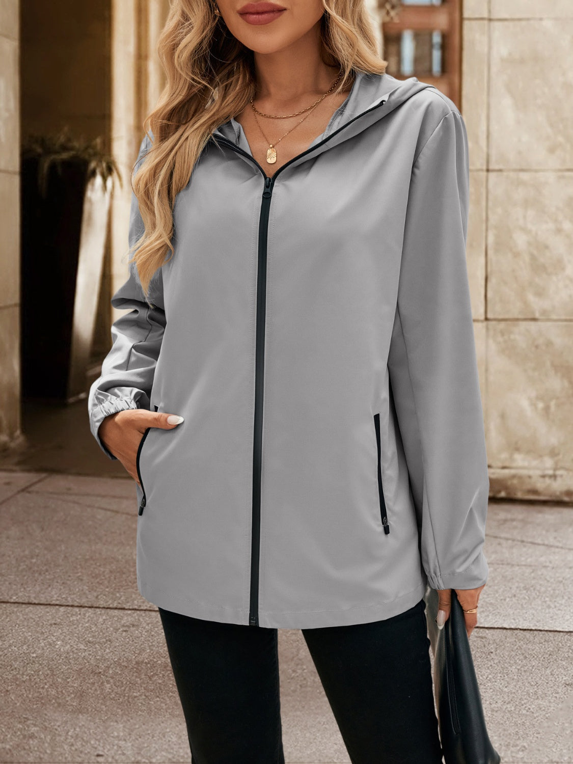 Pocketed Zip Up Hooded Jacket-TOPS / DRESSES-[Adult]-[Female]-Gray-S-2022 Online Blue Zone Planet