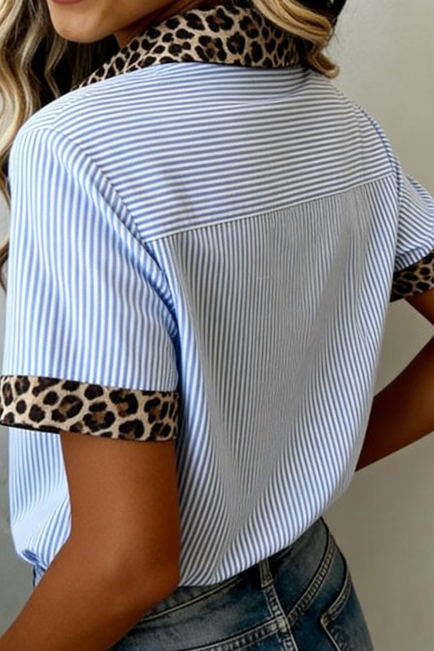 Sky Blue Stripe Leopard Contrast Collar Short Sleeve Shirt-Tops/Blouses & Shirts-[Adult]-[Female]-2022 Online Blue Zone Planet
