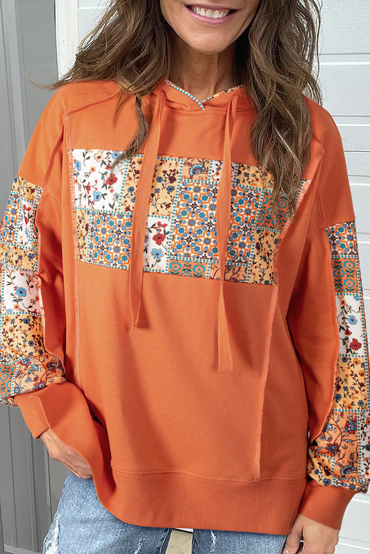 Flamingo Mix Floral Patchwork Side Slit Drawstring Hoodie-Tops / Dresses-[Adult]-[Female]-Flamingo-S-2022 Online Blue Zone Planet