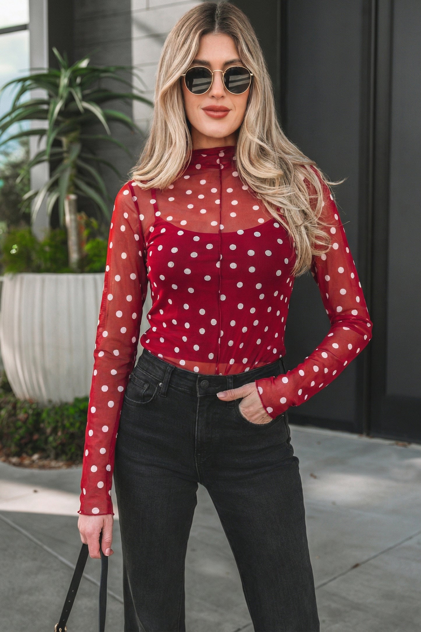 Red Polka Dot Patterned Bodycon Mock Neck Mesh Long Sleeve Top-Tops/Long Sleeve Tops-[Adult]-[Female]-Red-S-2022 Online Blue Zone Planet