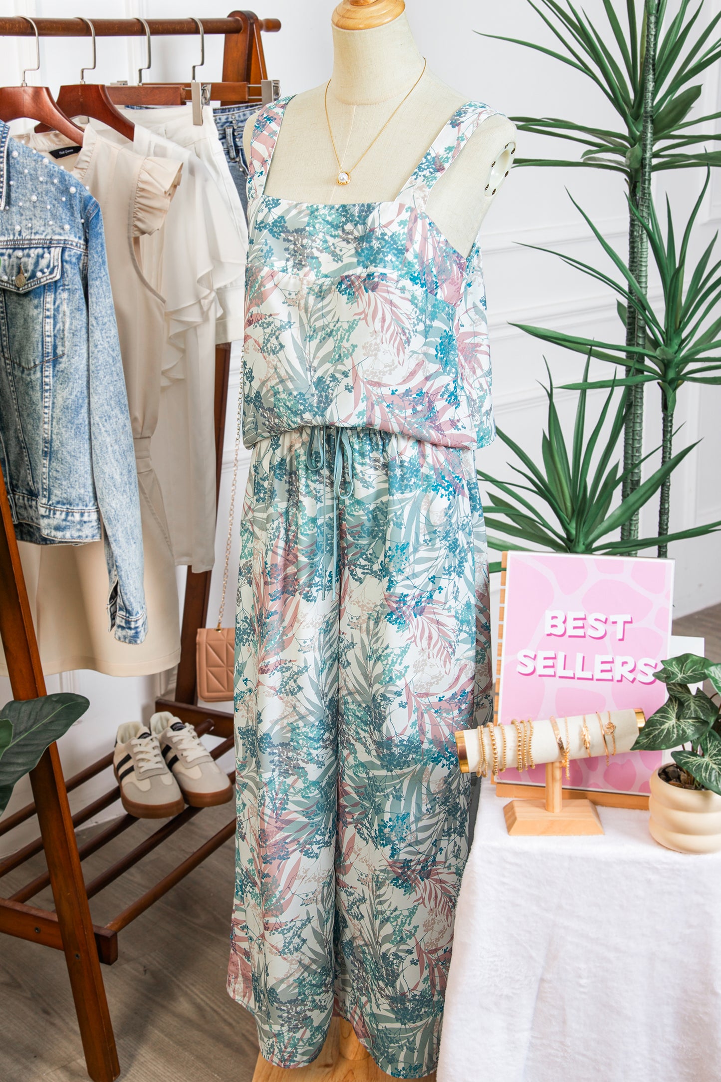 Green Tropical Palm Printed Cropped Tank Drawstring Wide Leg Pant Set-Two Piece Sets/Pant Sets-[Adult]-[Female]-2022 Online Blue Zone Planet