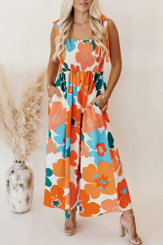 Orange Floral Self Tied Straps Smocked Bust Maxi Dress-Dresses/Floral Dresses-[Adult]-[Female]-Orange-S-2022 Online Blue Zone Planet