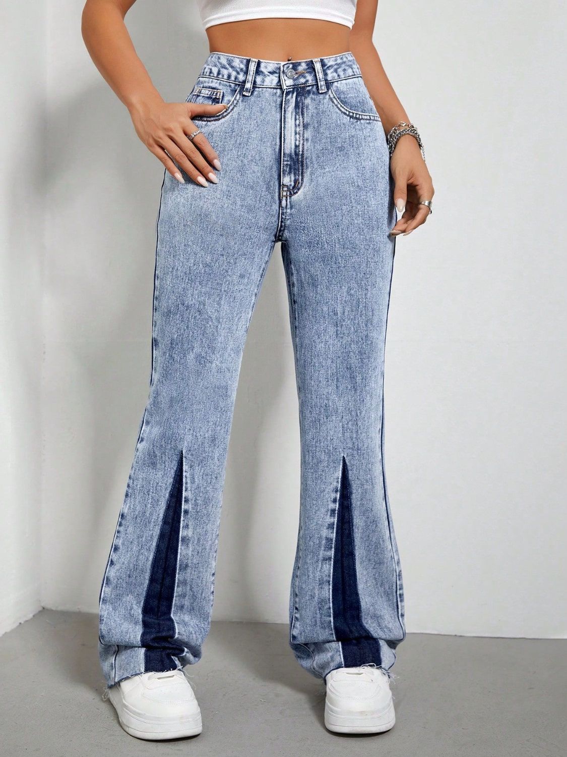 Blue Zone Planet | Contrast Bootcut Jeans with Pockets-BOTTOMS SIZES SMALL MEDIUM LARGE-[Adult]-[Female]-2022 Online Blue Zone Planet