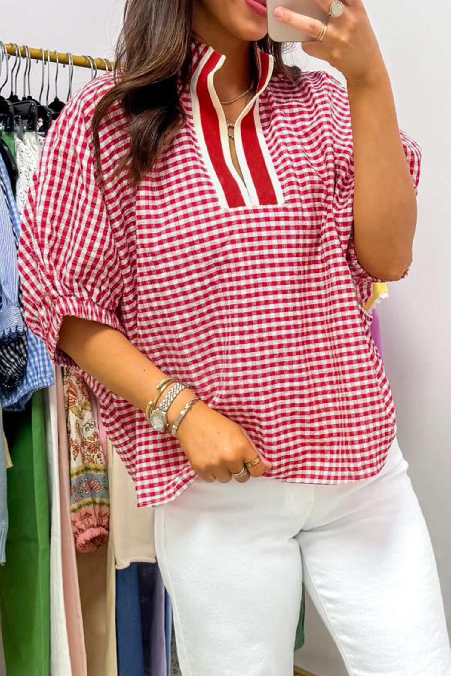 Red Plaid Short Sleeve Colorblock Trim Split Neck Blouse-Tops/Blouses & Shirts-[Adult]-[Female]-2022 Online Blue Zone Planet