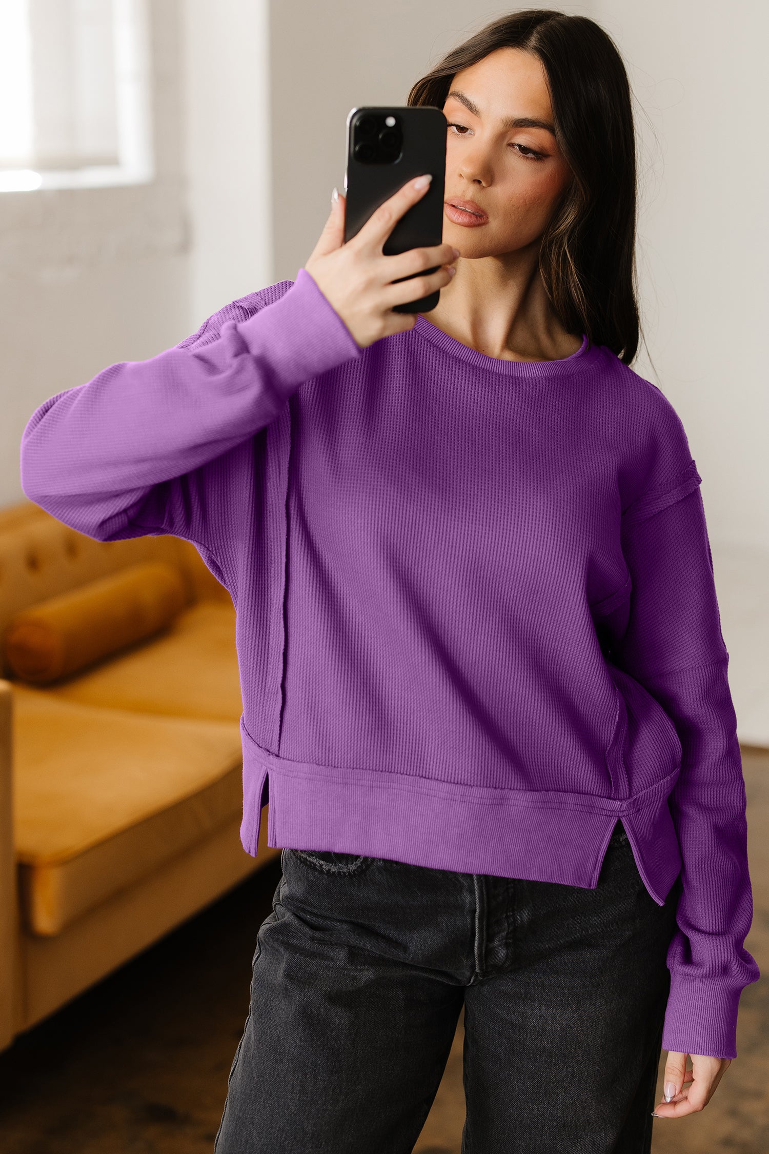 Orchid Mist Solid Color Raw Seam Patchwork Ribbed Drop Shoulder Sweatshirt-Tops/Sweatshirts & Hoodies-[Adult]-[Female]-2022 Online Blue Zone Planet
