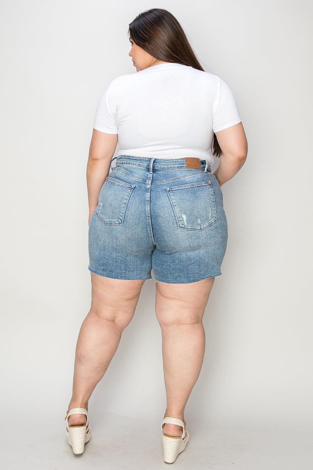 Judy Blue Full Size High Waist Raw Hem Denim Shorts-BOTTOM SIZES SMALL MEDIUM LARGE-[Adult]-[Female]-2022 Online Blue Zone Planet