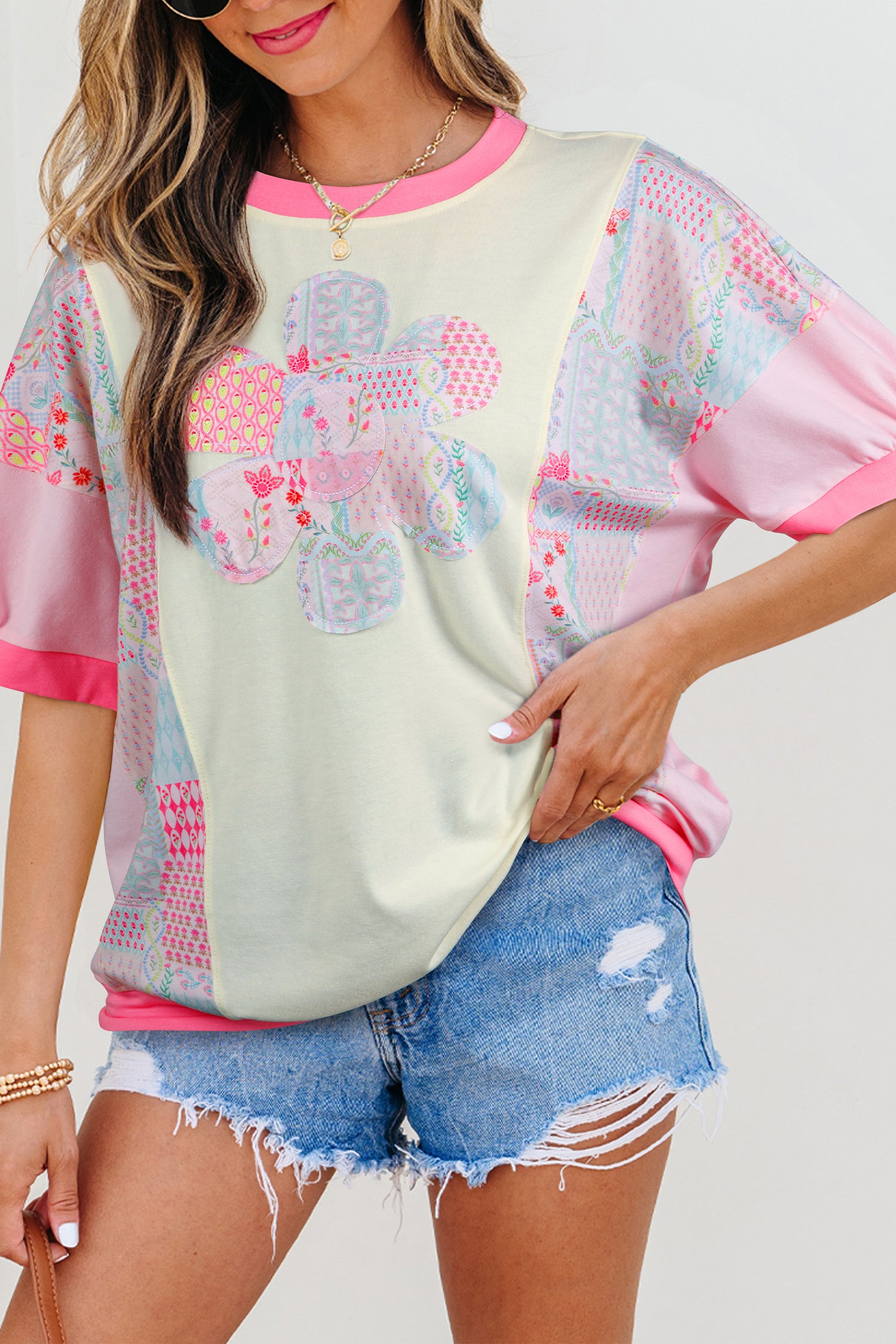 Beige Color Block Floral Patchwork Big Flower Accent Relaxed Top-Tops/Tops & Tees-[Adult]-[Female]-2022 Online Blue Zone Planet