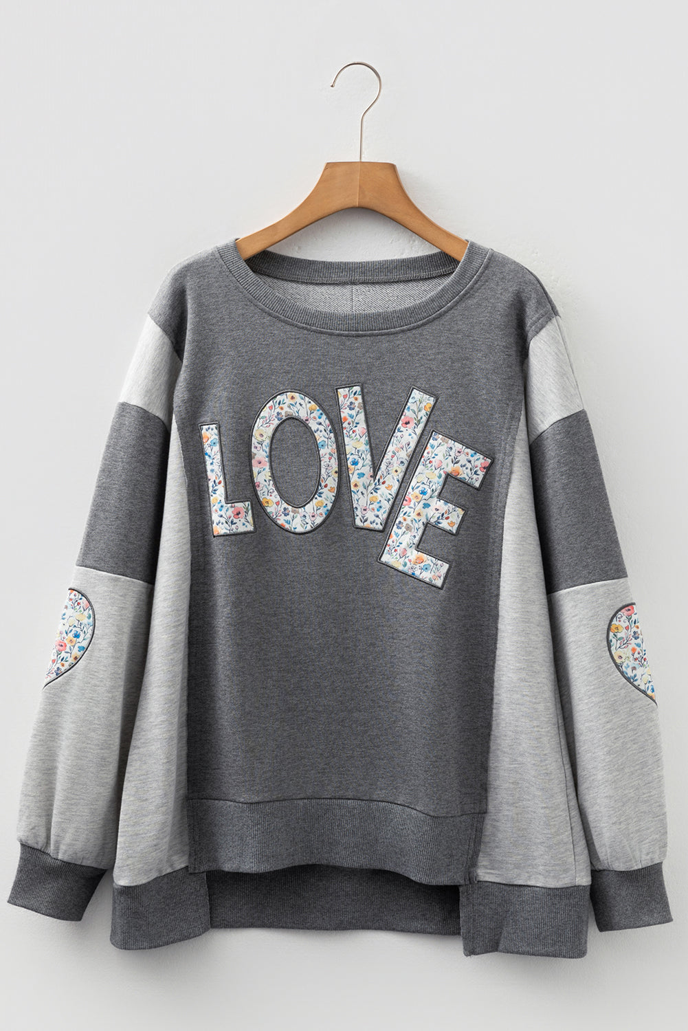 Dark Grey Floral LOVE Graphic Patchwork Uneven Hem Sweatshirt-Sweatshirts & Hoodies-[Adult]-[Female]-2022 Online Blue Zone Planet