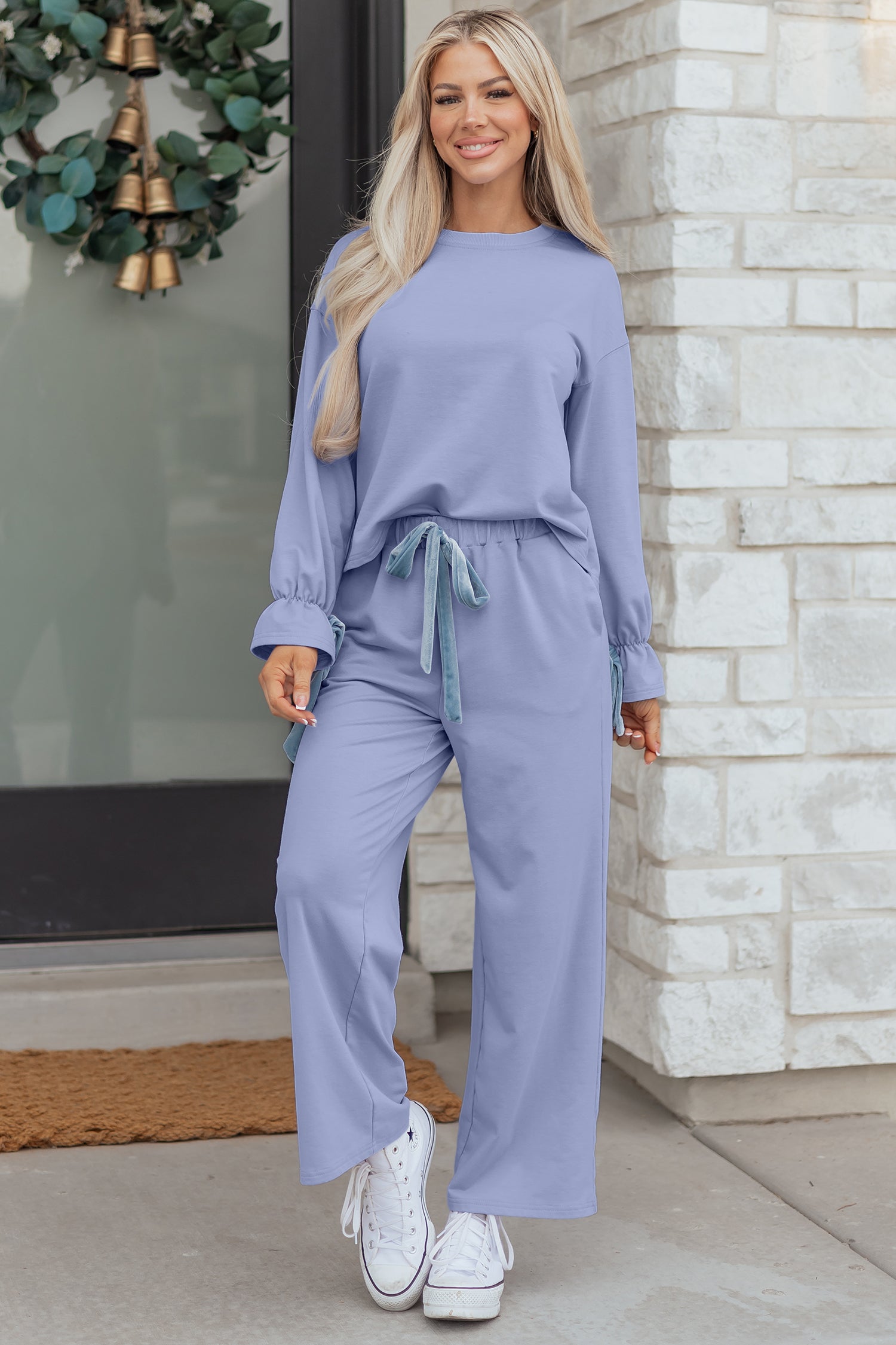 Beau Blue Flounce Long Sleeve Top Drawstring Pants Contrast Velvet Bow Knot 2pcs Lounge Set-Loungewear & Sleepwear/Loungewear-[Adult]-[Female]-2022 Online Blue Zone Planet