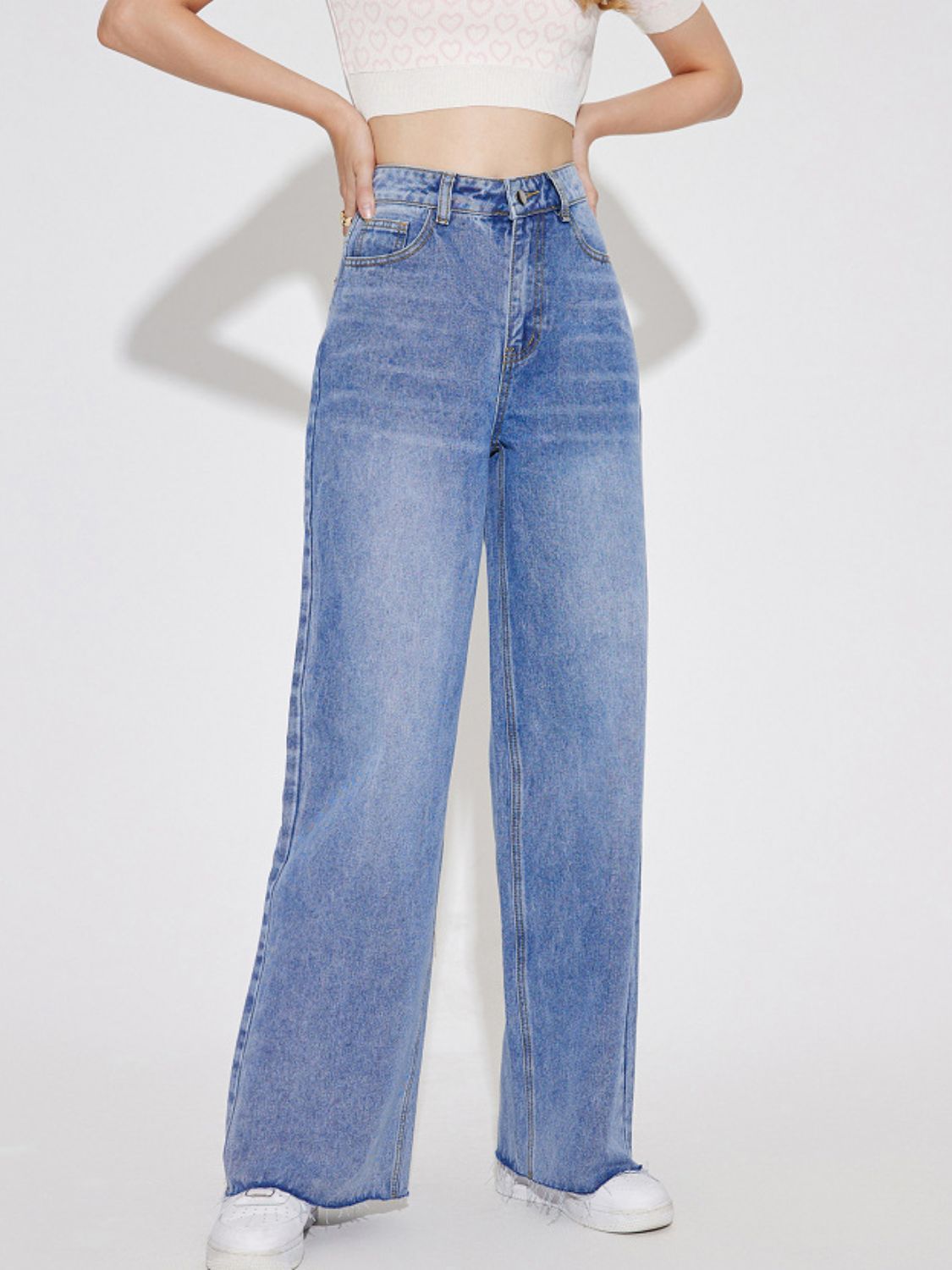 High Waist Straight Leg Jeans with Pockets-[Adult]-[Female]-2022 Online Blue Zone Planet