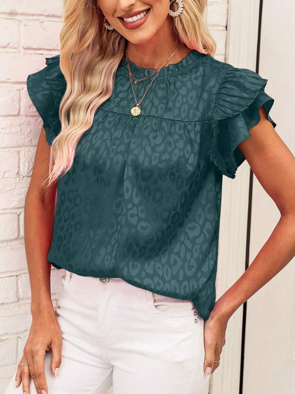 Leopard Frill Mock Neck Ruffled Cap Sleeve Top