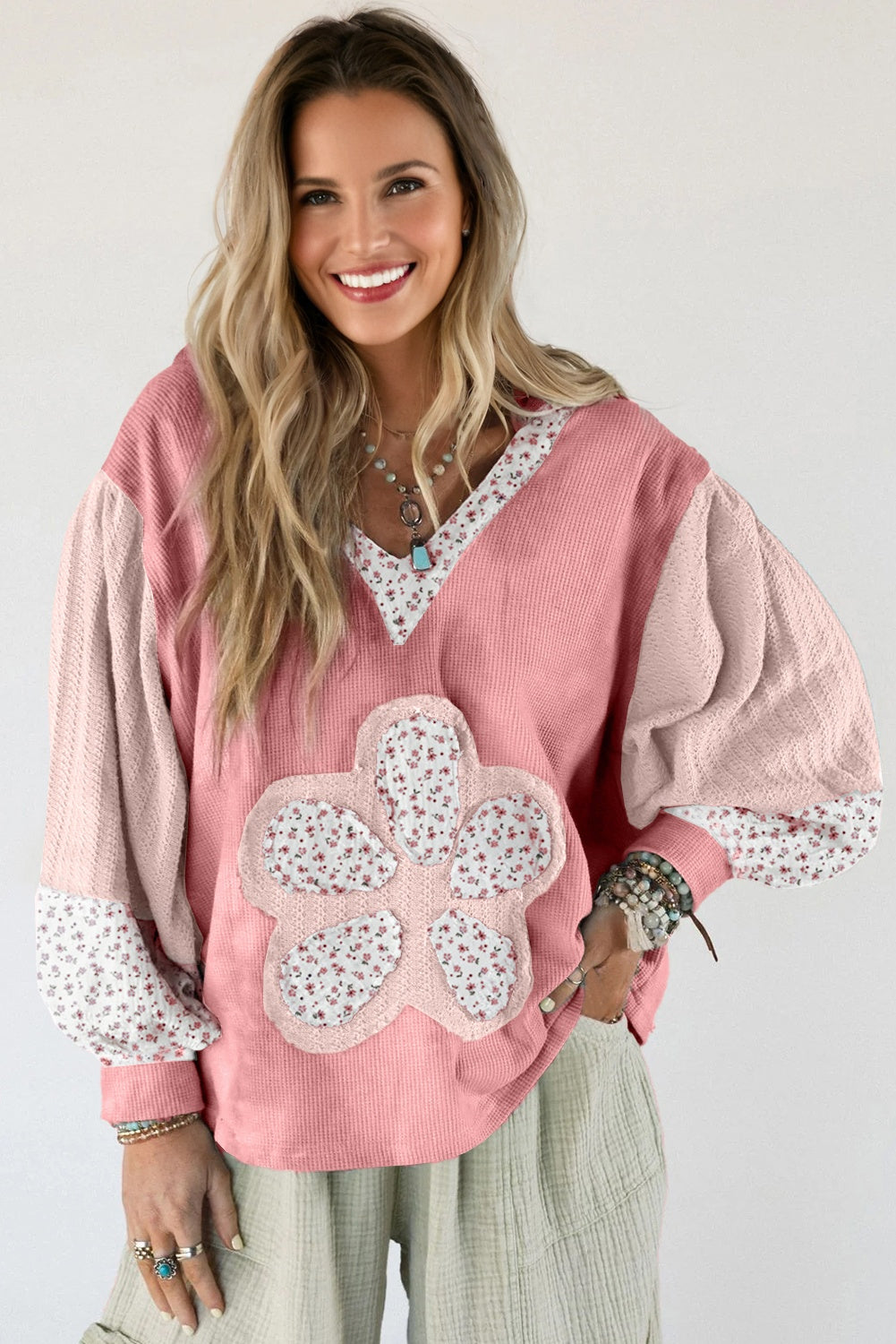 Pink Floral Patched Waffle Textured Colorblock V Neck Casual Hooded Top-Tops / Dresses-[Adult]-[Female]-2022 Online Blue Zone Planet