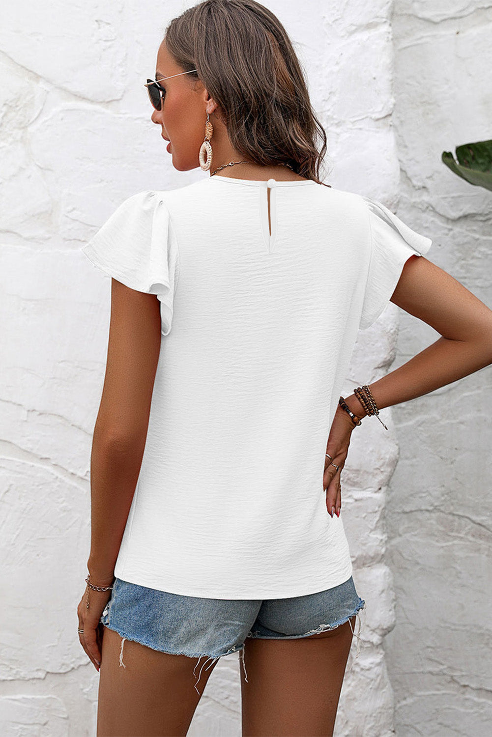 White Flounce Sleeve Pleated Textured Blouse-Tops/Blouses & Shirts-[Adult]-[Female]-2022 Online Blue Zone Planet
