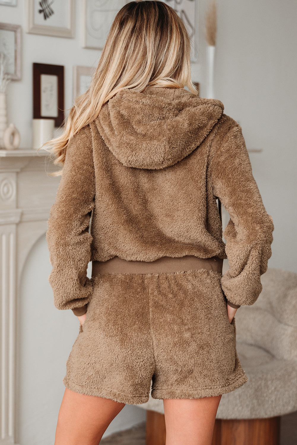 Parchment Zip Up Hoodie Drawstring Shorts Sherpa 2pcs Outfit-Tops / Dresses-[Adult]-[Female]-2022 Online Blue Zone Planet