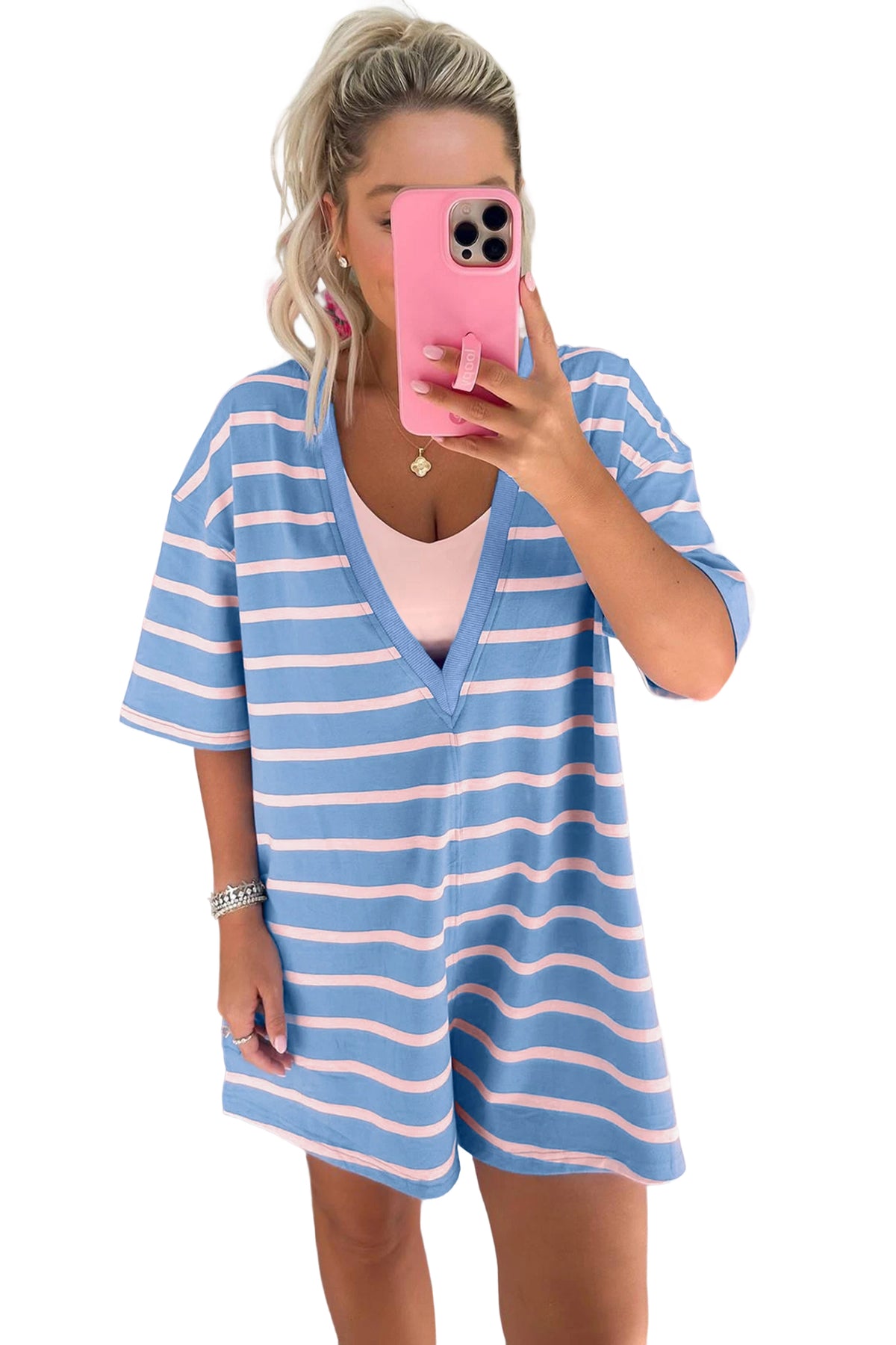 Sky Blue Stripe V Neck Short Sleeve Double Wear Loose Romper-Bottoms/Jumpsuits & Rompers-[Adult]-[Female]-2022 Online Blue Zone Planet