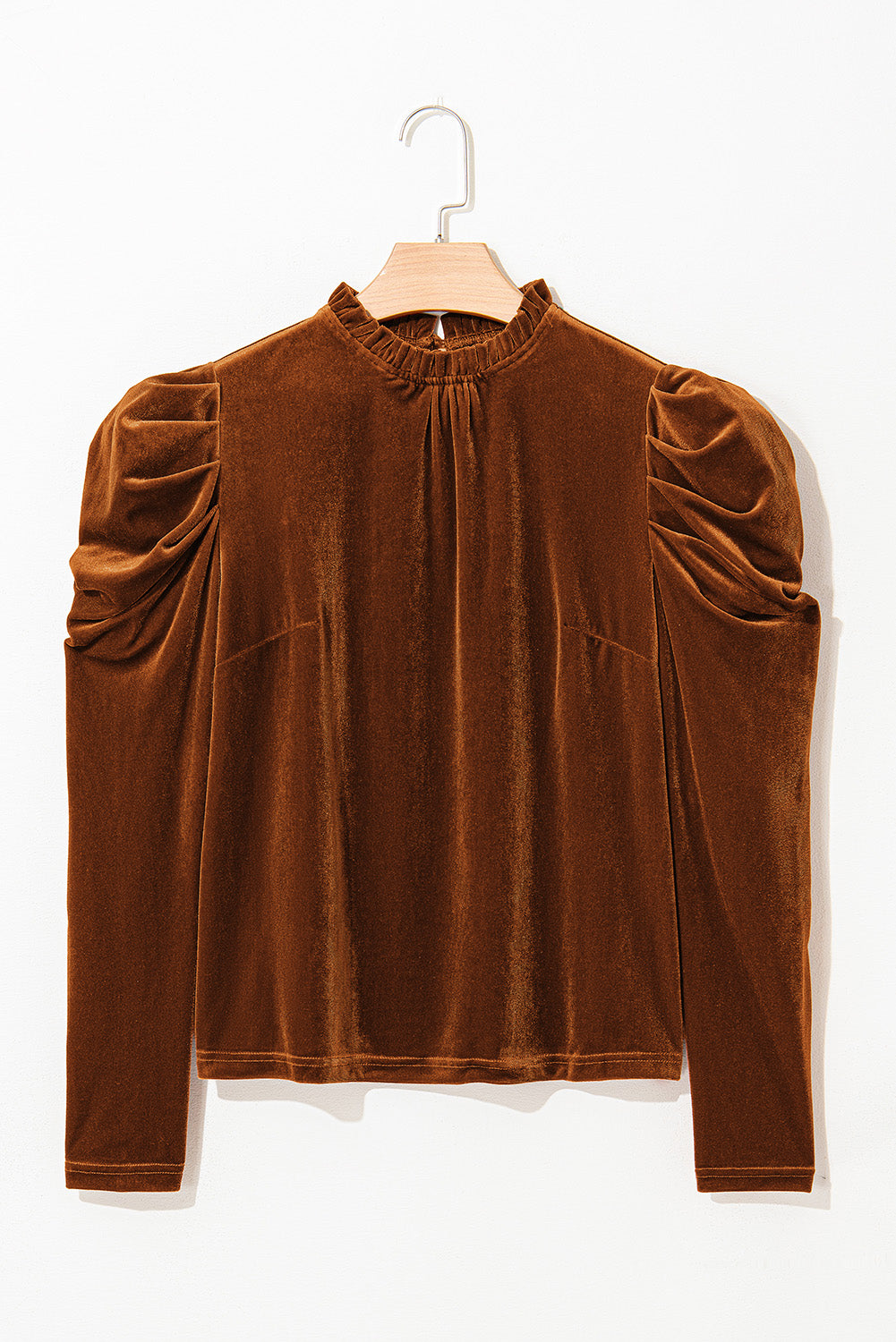 Chestnut Frilled Collar Puff Sleeve Velvet Top-Tops/Long Sleeve Tops-[Adult]-[Female]-2022 Online Blue Zone Planet