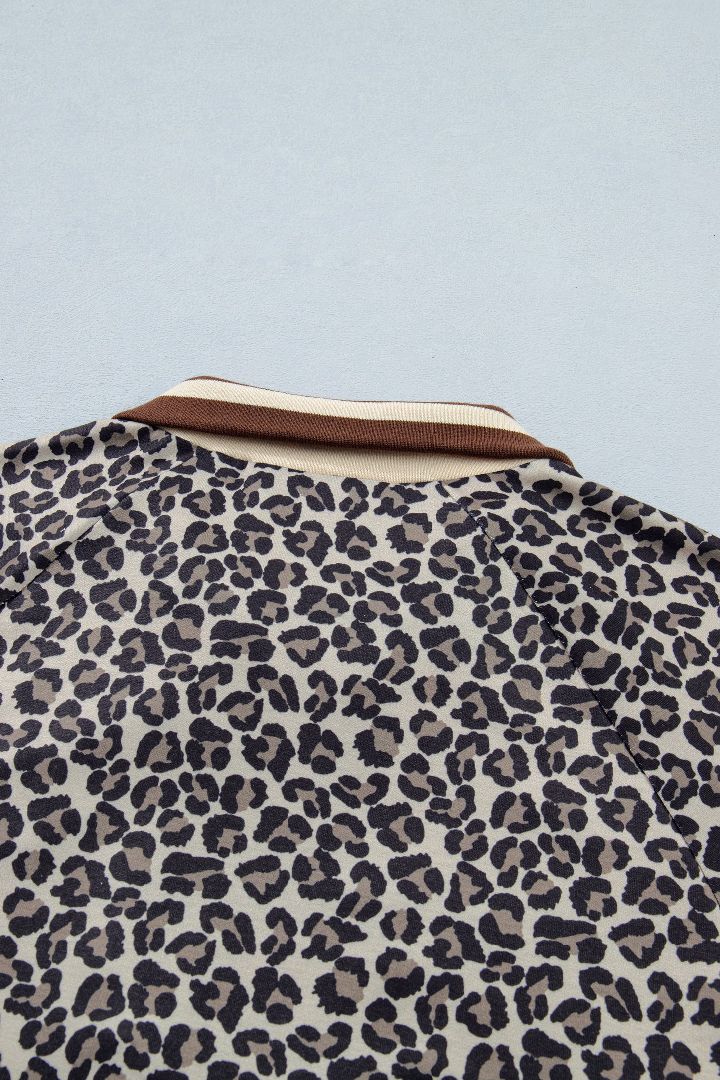 Khaki Leopard Print Half Zip Striped Trim Patchwork Short Sleeve Top-Tops/Blouses & Shirts-[Adult]-[Female]-2022 Online Blue Zone Planet