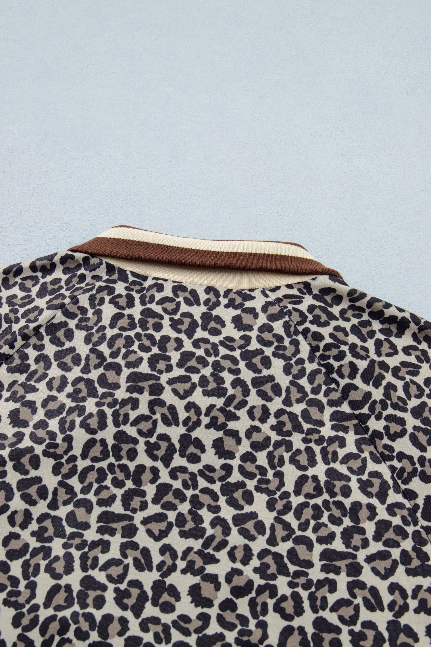Khaki Leopard Print Half Zip Striped Trim Patchwork Short Sleeve Top-Tops/Blouses & Shirts-[Adult]-[Female]-2022 Online Blue Zone Planet