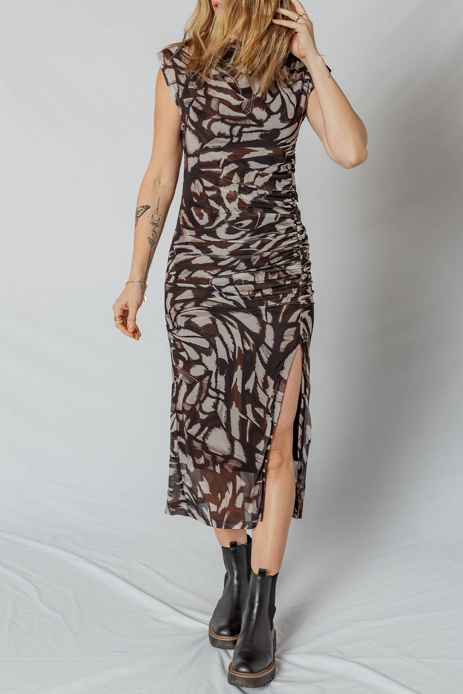 Brown Abstract Print Mesh Cowl Neck Cap Sleeve Ruched Midi Dress with Slit-TOPS / DRESSES-[Adult]-[Female]-2022 Online Blue Zone Planet