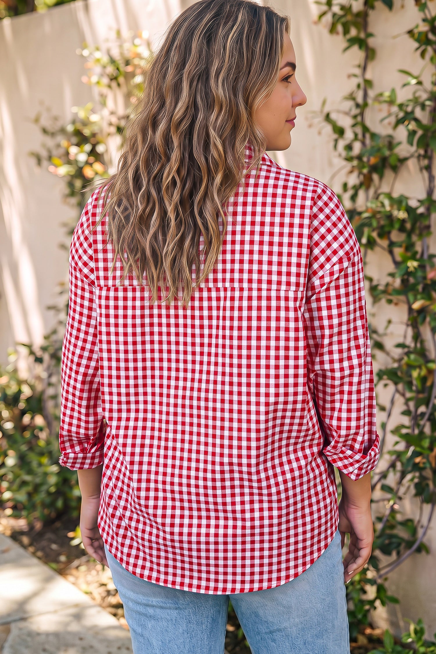 Red Plaid V Neck Long Sleeve Tunic Loose Fit Plus Size Shirt-Plus Size/Plus Size Tops/Plus Size Blouses & Shirts-[Adult]-[Female]-2022 Online Blue Zone Planet