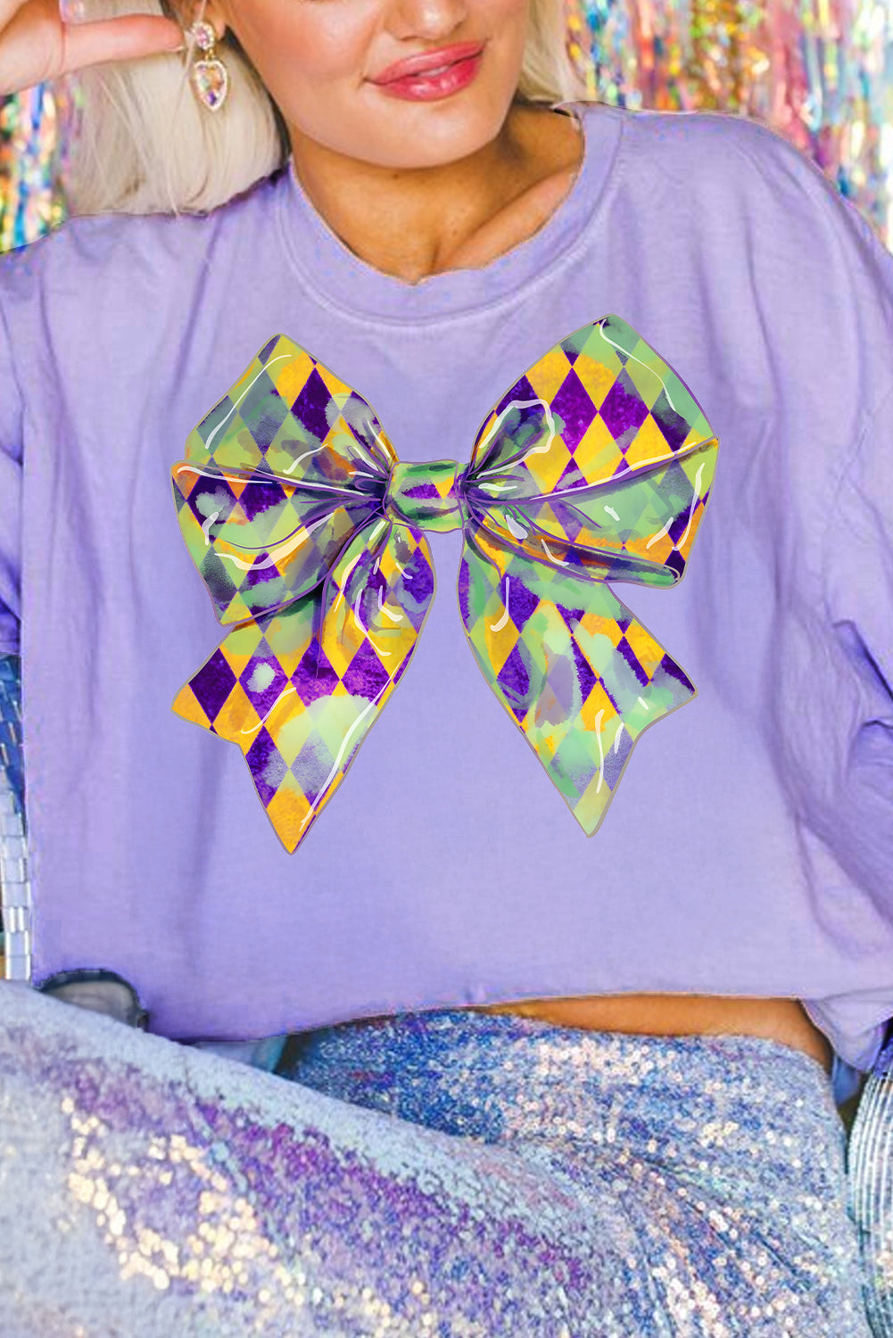 Wisteria Mardi Gras Bowknot Pattern Crew Neck T Shirt-Graphic/Graphic Tees-[Adult]-[Female]-2022 Online Blue Zone Planet
