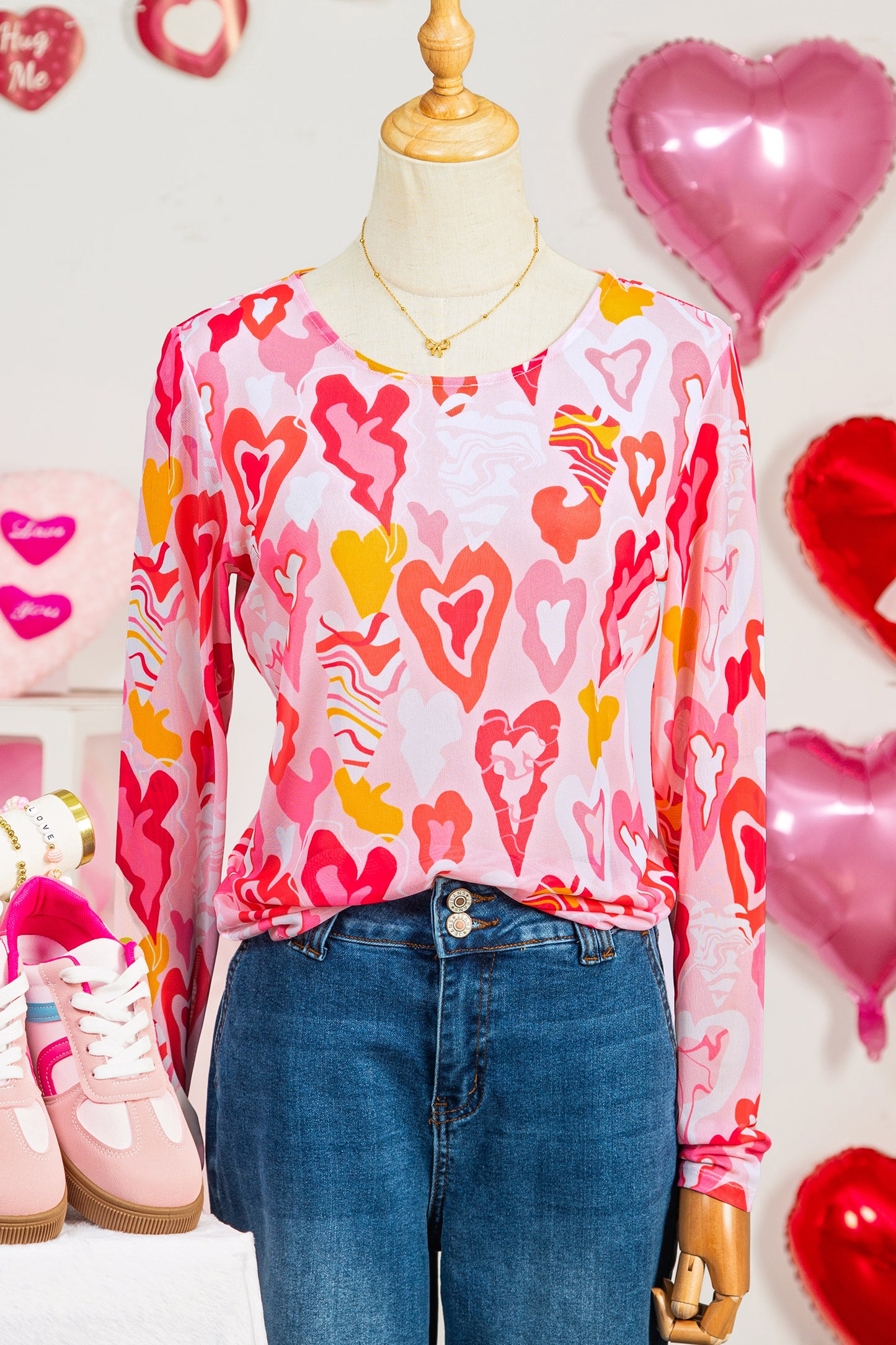 Rose Valentine Heart Mesh Long Sleeve Top-Tops/Long Sleeve Tops-[Adult]-[Female]-2022 Online Blue Zone Planet