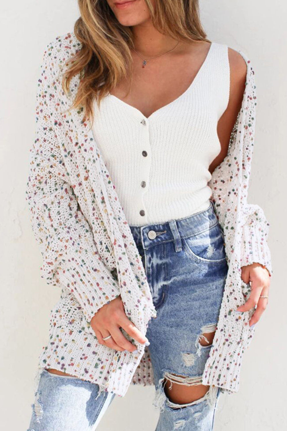 White Confetti Rib Knit Long Sleeve Cardigan-Sweaters & Cardigans/Cardigans-[Adult]-[Female]-White-S-2022 Online Blue Zone Planet