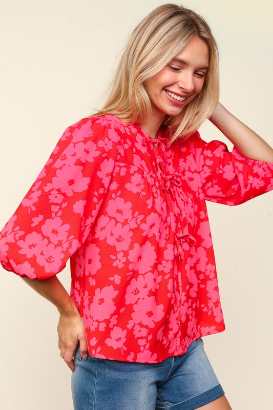 Blue Zone Planet | Haptics Full Size Ribbon Bow Floral Balloon Sleeve Blouse-TOPS / DRESSES-[Adult]-[Female]-2022 Online Blue Zone Planet