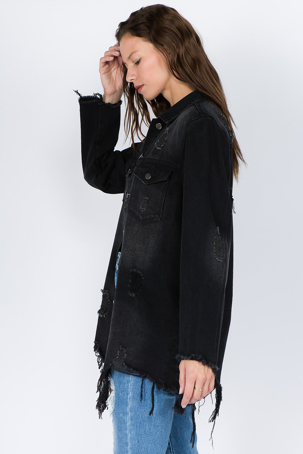 American Bazi Distressed Frayed Hem Denim Jacket-TOPS / DRESSES-[Adult]-[Female]-2022 Online Blue Zone Planet