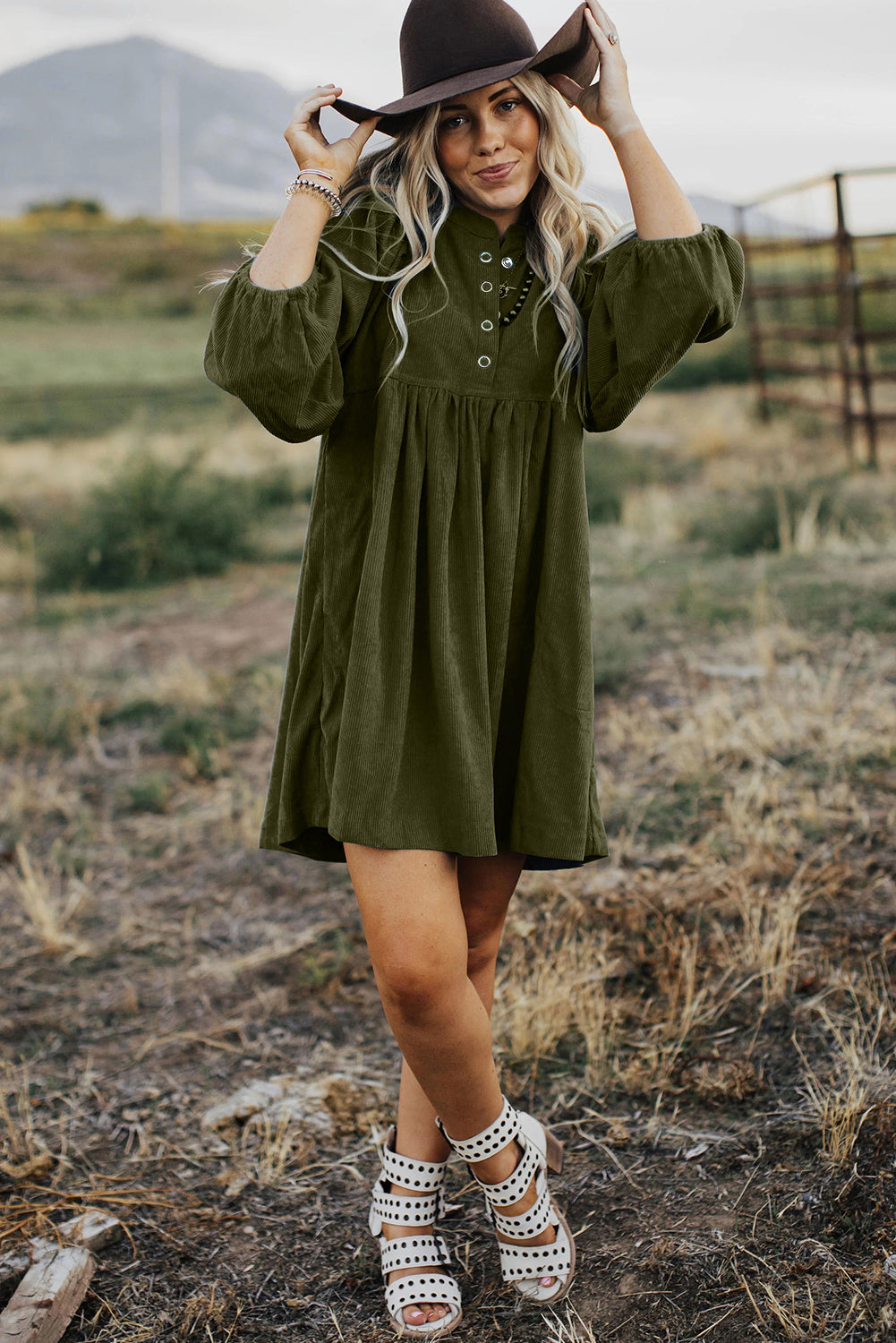 Vineyard Green Corduroy Snap Buttons Empire Waist Bracelet Sleeve Dress-Dresses/Mini Dresses-[Adult]-[Female]-2022 Online Blue Zone Planet