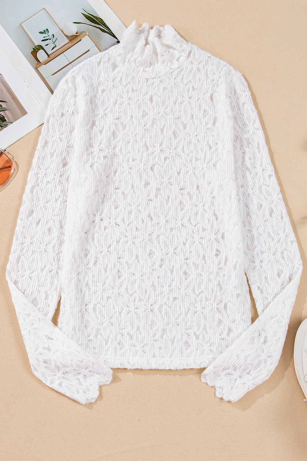 Blue Zone Planet | White Flower Lace See Through Mock Neck Long Sleeve Top-Tops/Long Sleeve Tops-[Adult]-[Female]-2022 Online Blue Zone Planet