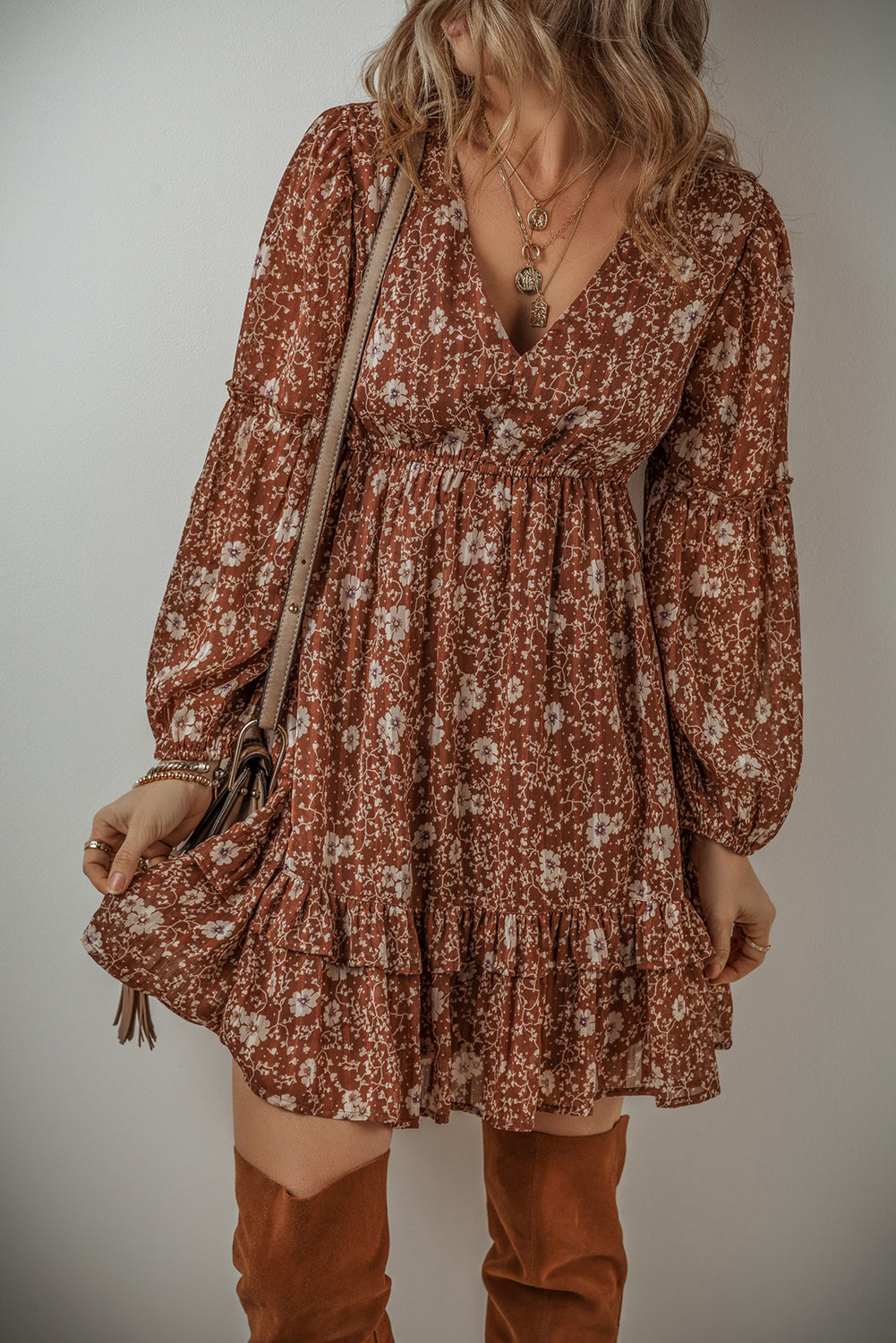 Blue Zone Planet | Brown Boho Floral Ruffled Puff Sleeve V Neck Mini Dress-TOPS / DRESSES-[Adult]-[Female]-2022 Online Blue Zone Planet