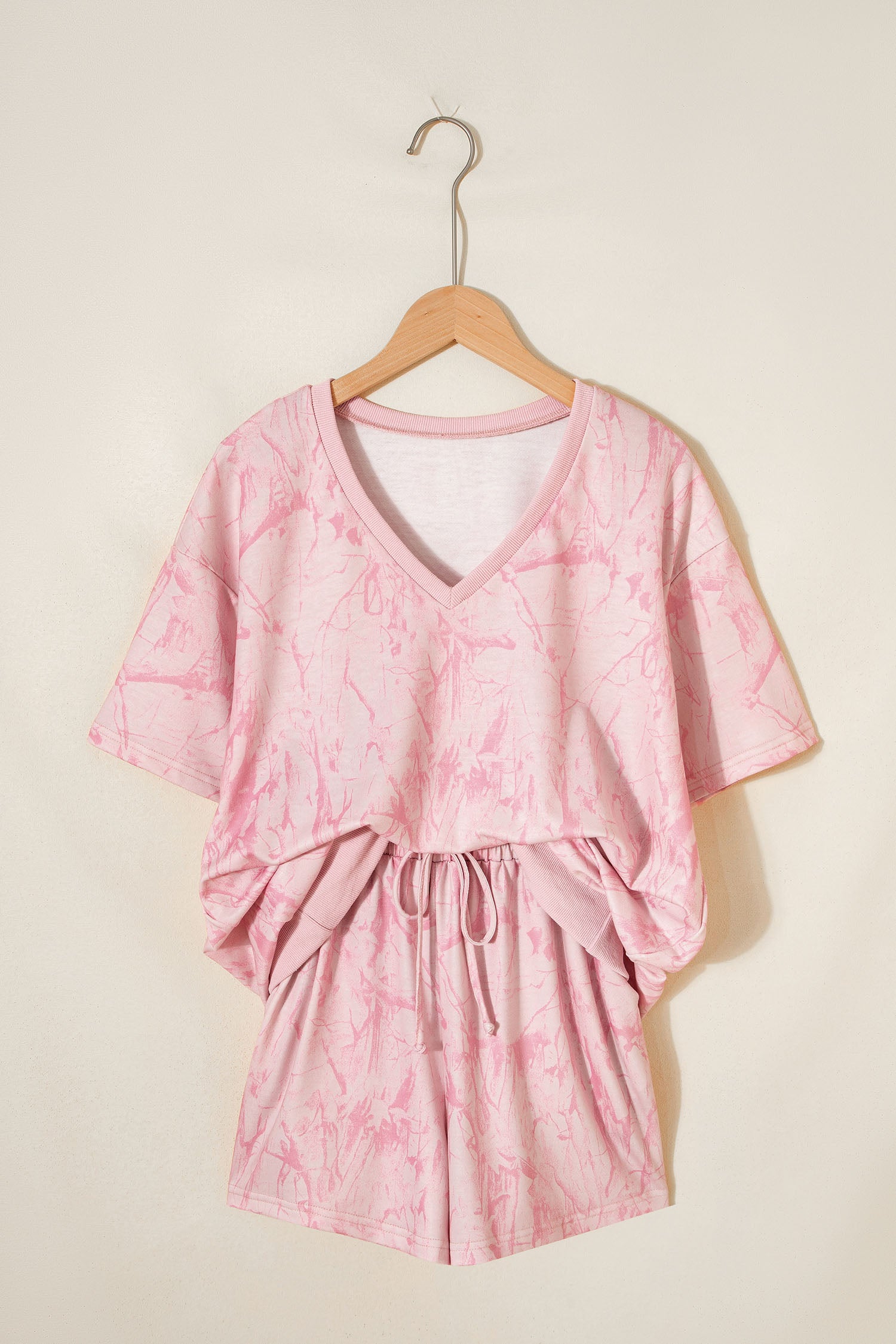 Pink Abstract Print V Neck Loose Tee Drawstring Shorts 2pcs Outfit-Two Piece Sets/Short Sets-[Adult]-[Female]-2022 Online Blue Zone Planet