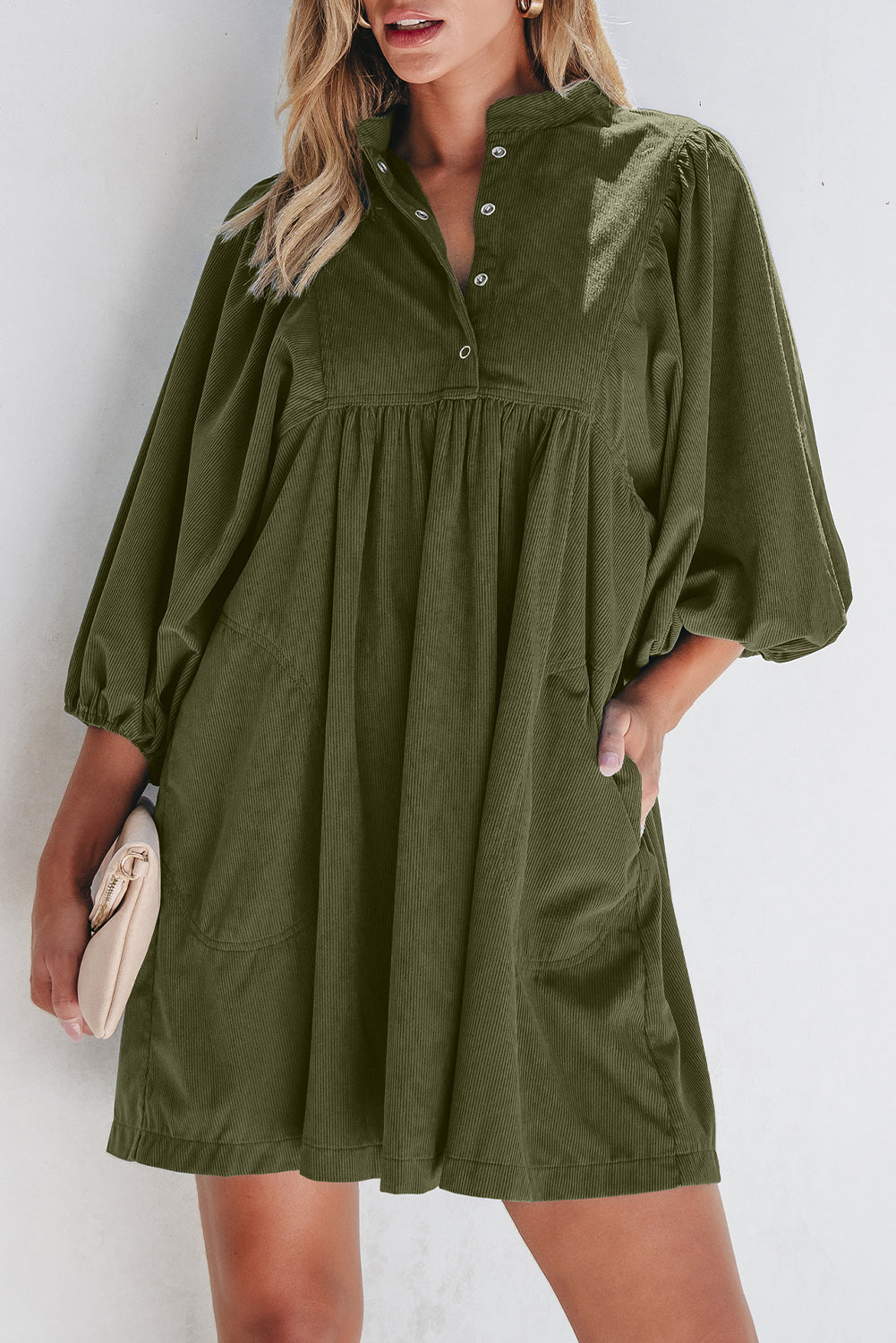 Blue Zone Planet | Vineyard Green Corduroy Snap Buttons Empire Waist Bracelet Sleeve Mini Dress-TOPS / DRESSES-[Adult]-[Female]-2022 Online Blue Zone Planet