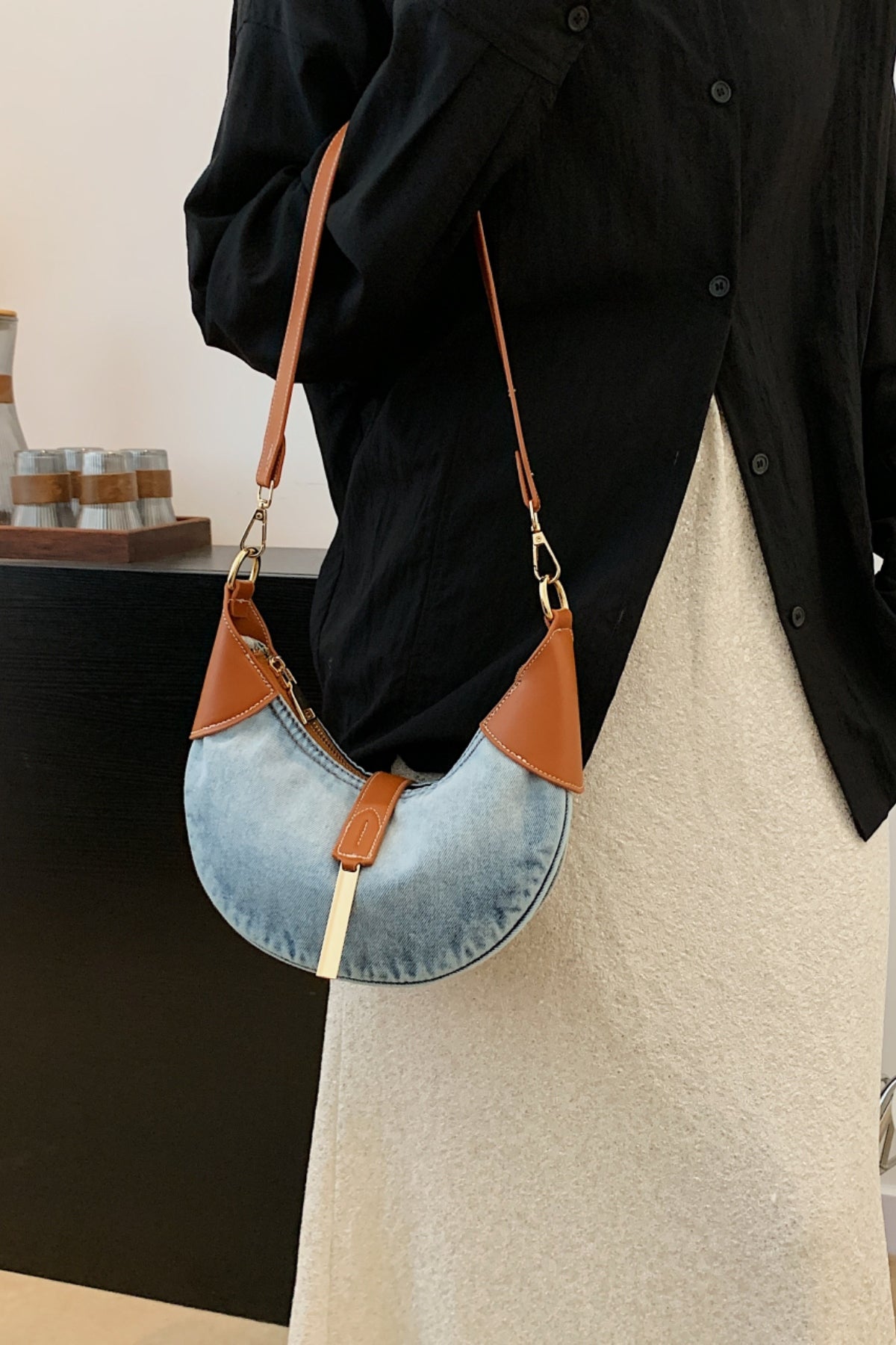 Contrast Denim Shoulder Bag-[Adult]-[Female]-2022 Online Blue Zone Planet