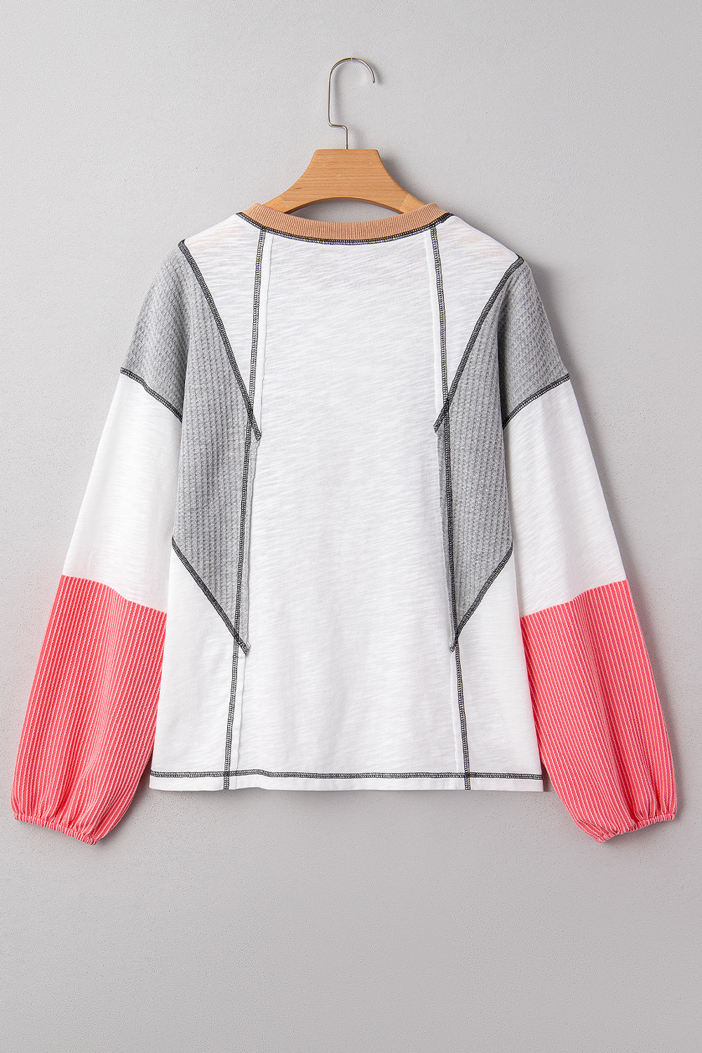 White Contrast Block Mixed Textured Knit Patchwork Casual Top-Tops/Long Sleeve Tops-[Adult]-[Female]-2022 Online Blue Zone Planet