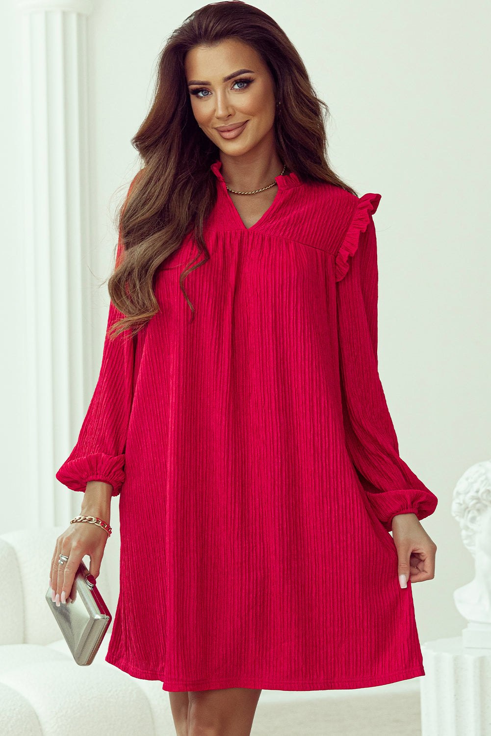 Blue Zone Planet | Fiery Red Textured Ruffled Trim V Neck Loose Fit Mini Dress-TOPS / DRESSES-[Adult]-[Female]-2022 Online Blue Zone Planet