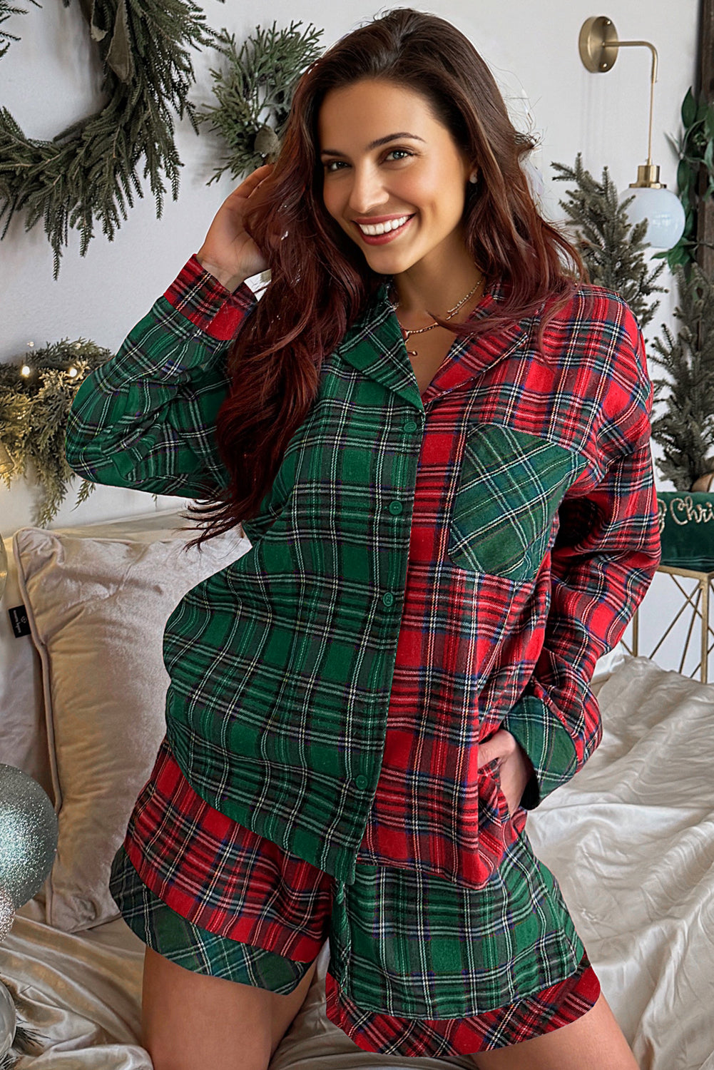 Red Plaid Contrast Patched Christmas Holiday Long Sleeve Shirt And Short 2pcs Pajama Set-Loungewear & Sleepwear/Sleepwear-[Adult]-[Female]-2022 Online Blue Zone Planet