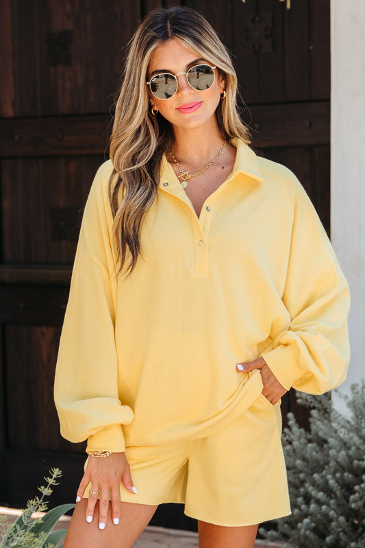 Yellow Cream Button Collar Drop Shoulder Pullover and Shorts 2pcs Outfit-Two Piece Sets/Short Sets-[Adult]-[Female]-2022 Online Blue Zone Planet