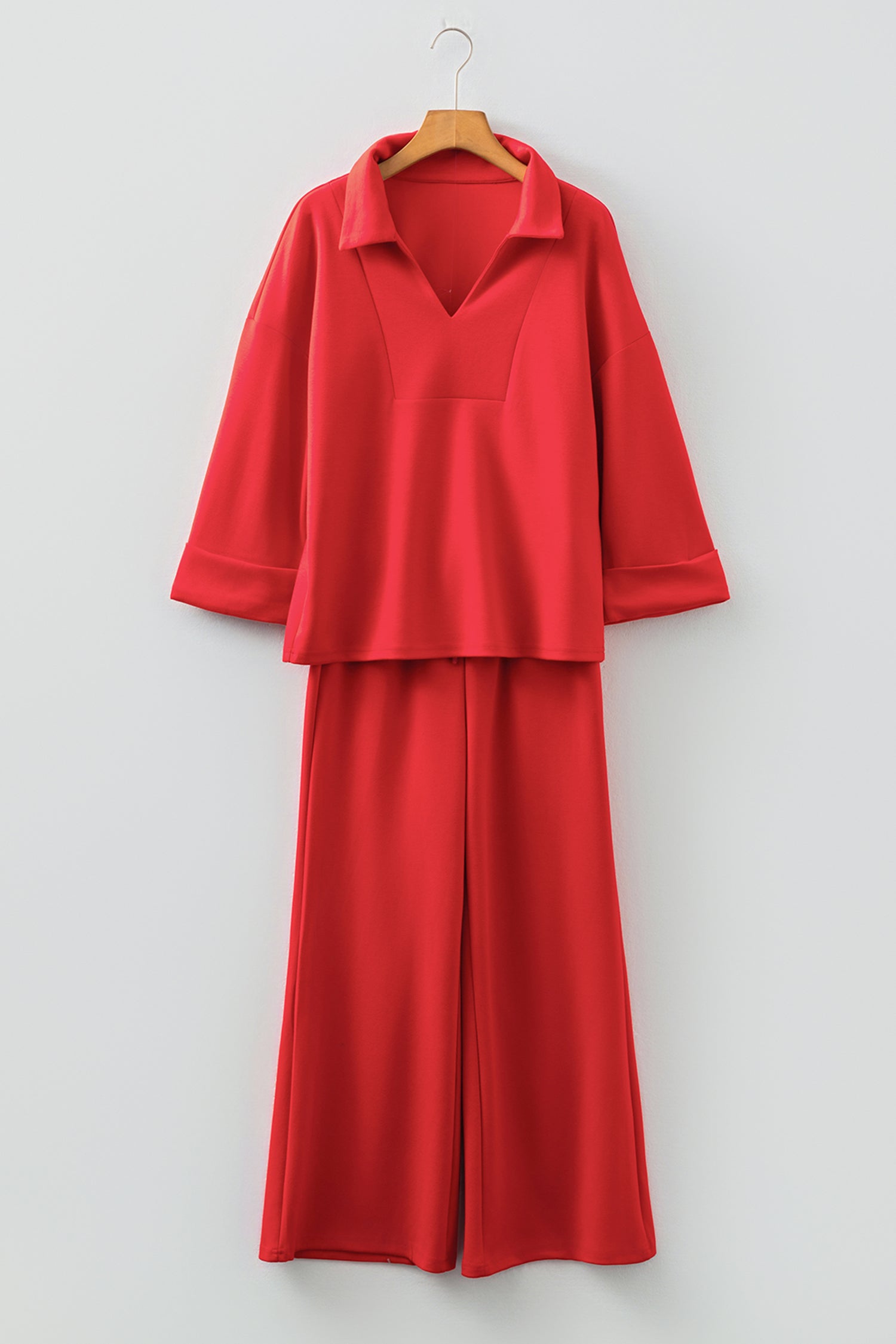 Fiery Red Polo Collar V Neck 3/4 Sleeve Pullover Drawstring Bell Bottom Pants 2pcs Set-Two Piece Sets/Pant Sets-[Adult]-[Female]-2022 Online Blue Zone Planet