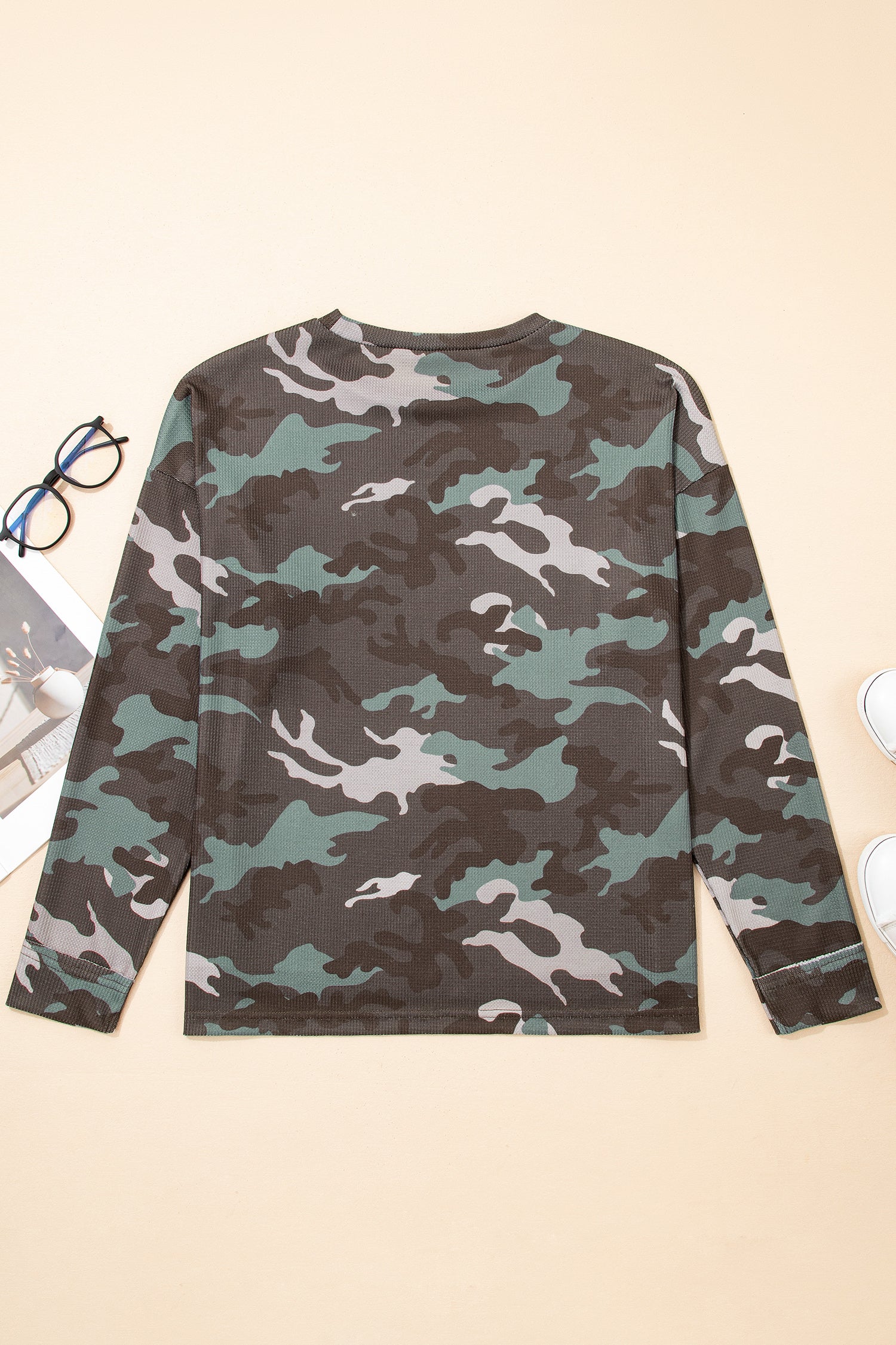 Green Camouflage Print Textured Drop Shoulder Long Sleeve Top-Tops/Long Sleeve Tops-[Adult]-[Female]-2022 Online Blue Zone Planet