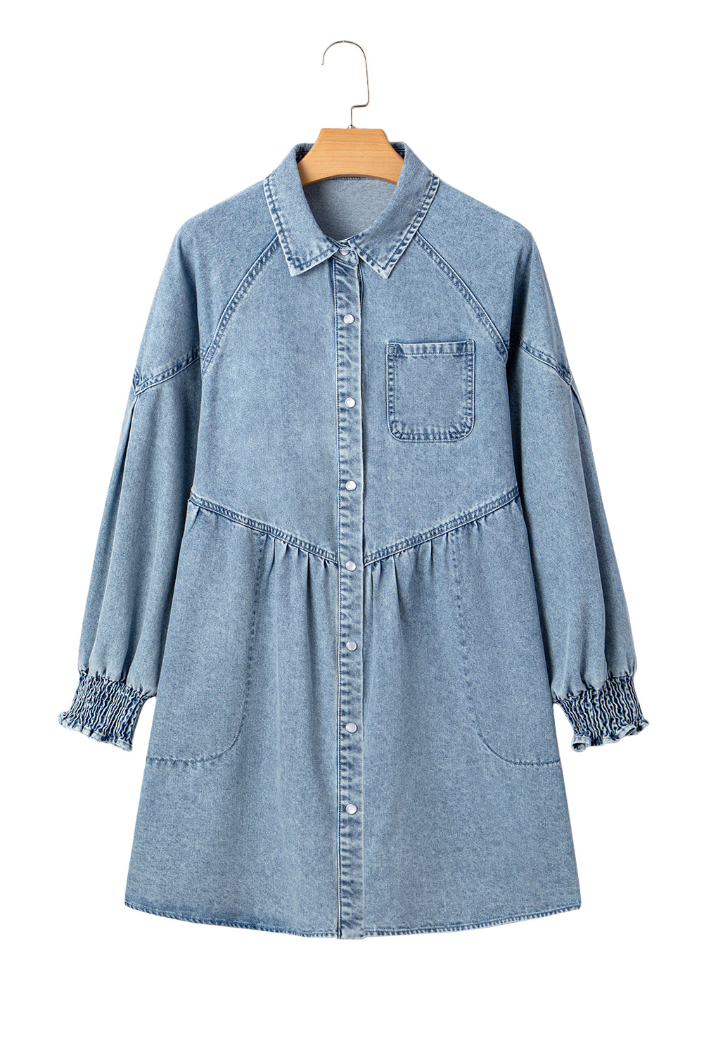 Molly Smocked Cuffs Flared Denim Shirt Mini Dress | Threaded Pear Beau Blue / M - 8/10 Molly Smocked Cuffs Flared Denim Shirt Mini Dress | Threaded Pear Beau Blue / M - 8/10
