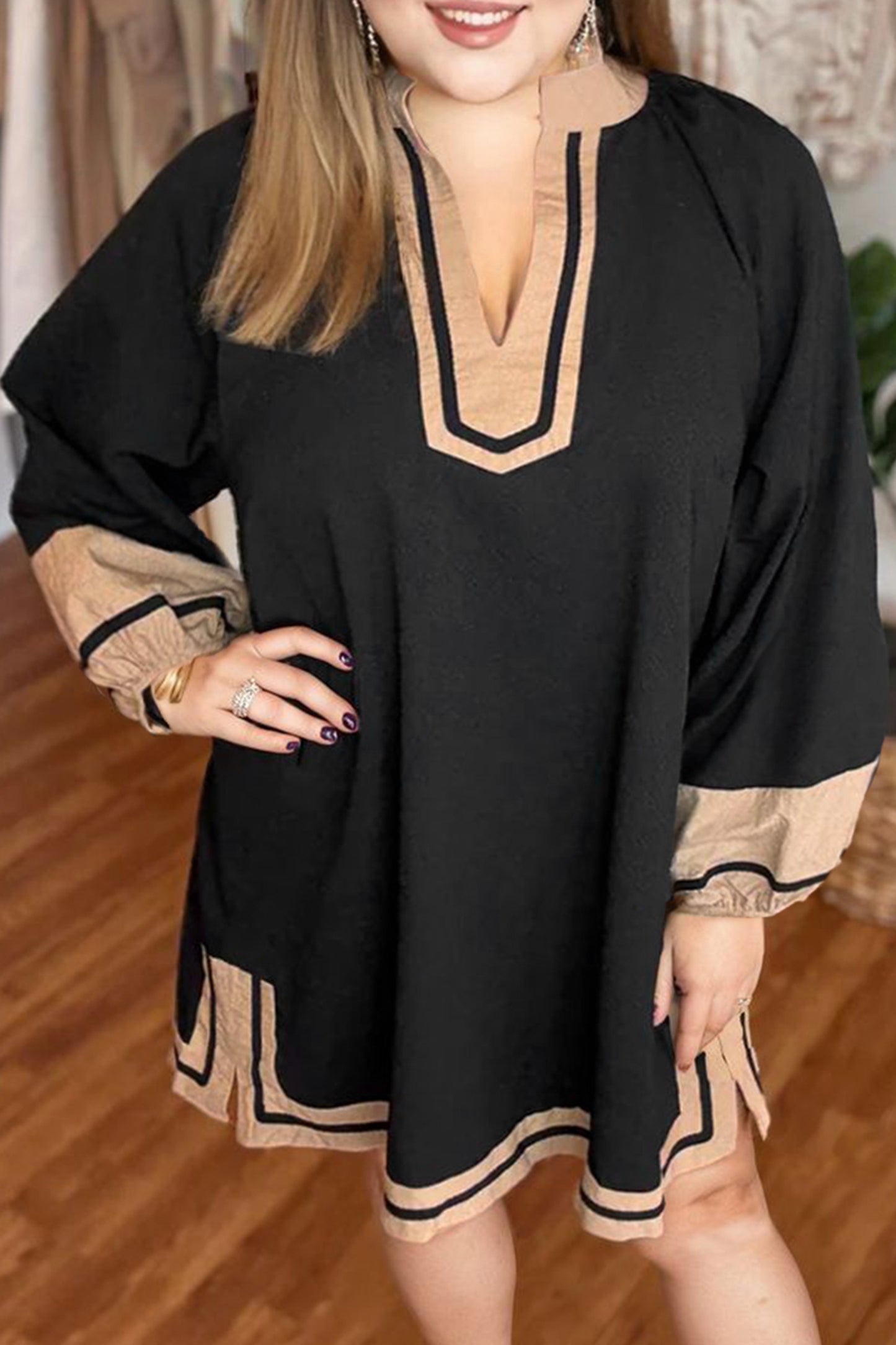 Black Plus Size Color Block Striped Trim V Neck Long Sleeve Shift Mini Dress Black / 1X / 65%Cotton+25%Viscose+10%Polyamide