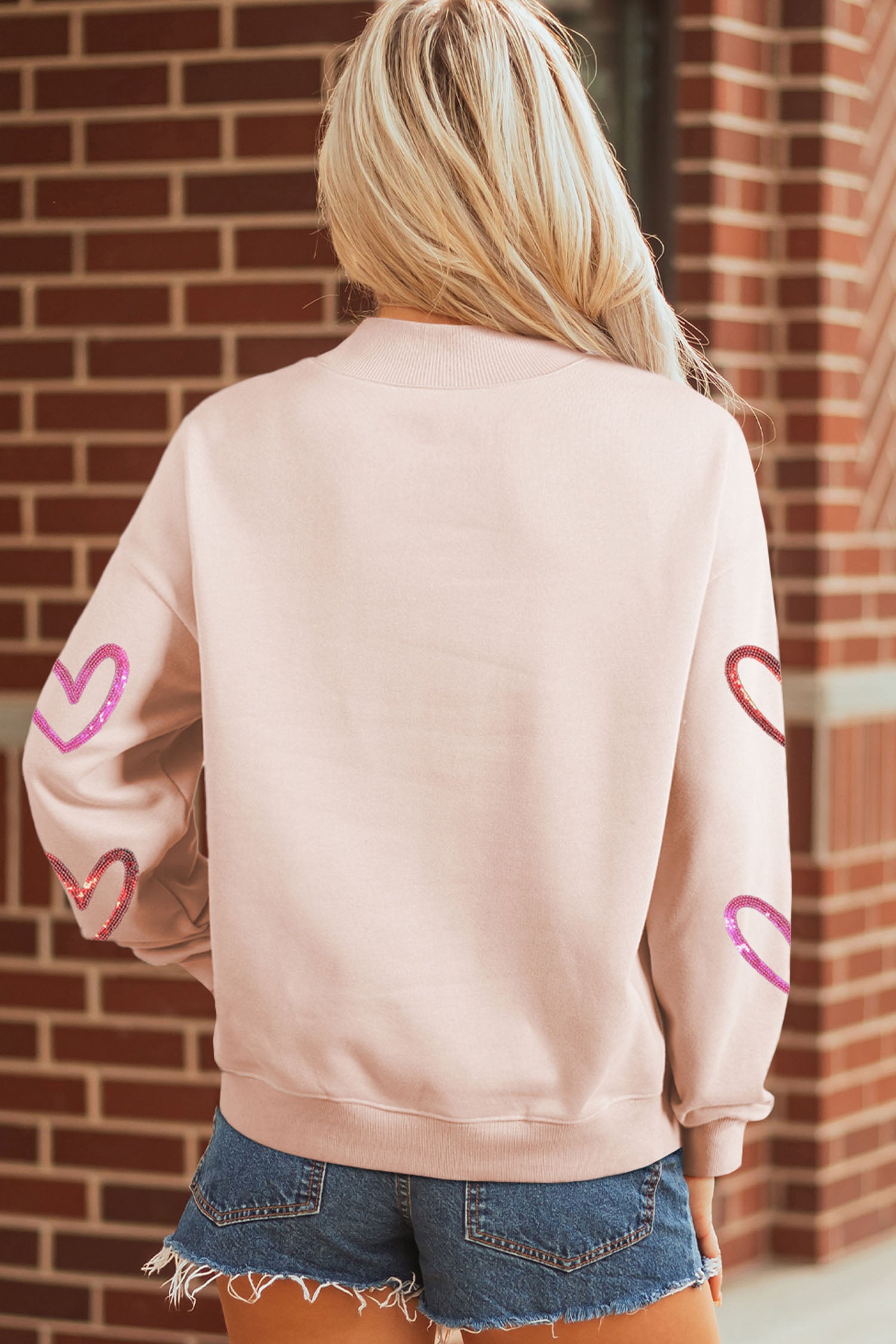 Apricot Pink Sequin Heart Sketch Patched Mock Neck Sweatshirt-Graphic Sweatshirts-[Adult]-[Female]-2022 Online Blue Zone Planet