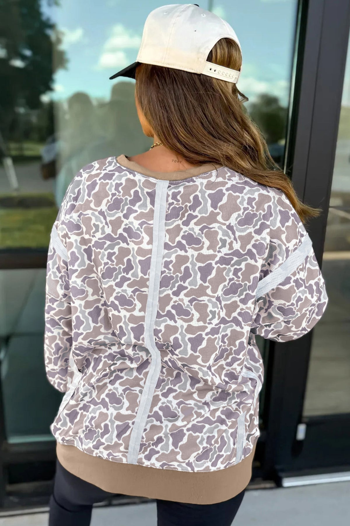 Khaki Camouflage Print Textured Knit Color Block Trim Long Sleeve Top